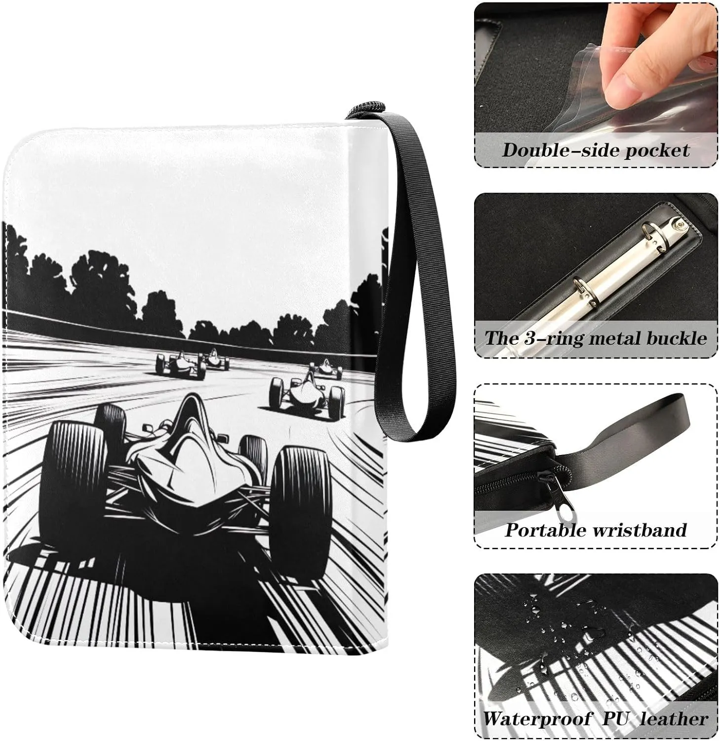 Cool Racing Car Black Trading Card Binder, 4 Pocket Card Binder Fits 400 Cards for Baseball Card, Football Card