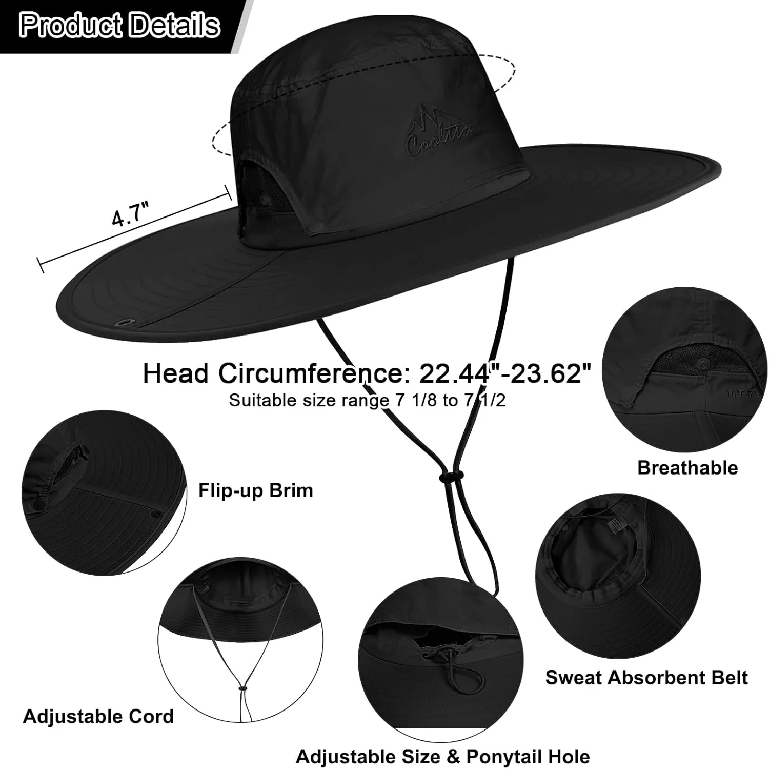 Cooltto Wide Brim Sun Hats with Waterproof Breathable for Fishing, Hiking, Camping，for Men Women Kids