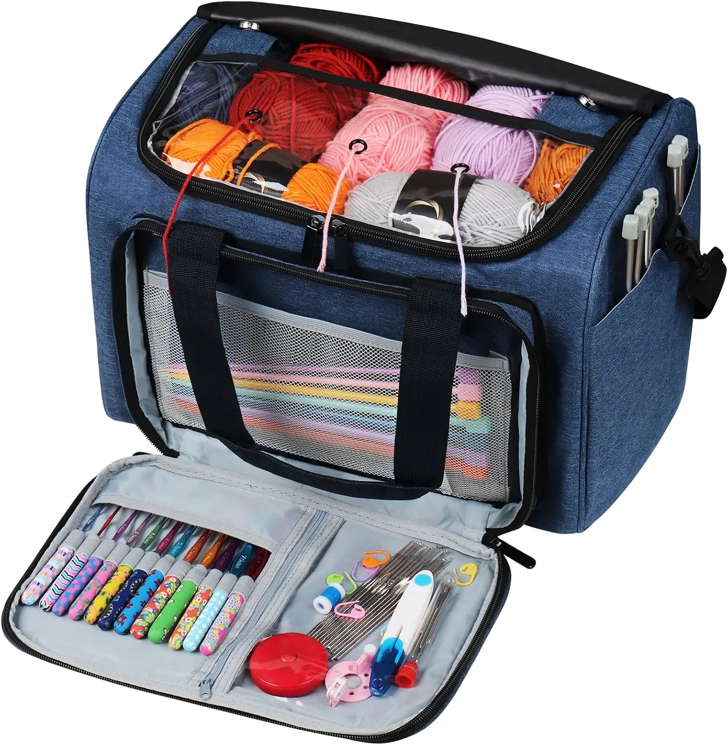 Coopay Large Knitting Bag Yarn Bag for Crochet, Yarn Tote Storage Organizer Portable Individual Compartments for Carrying Unfinished Project, Crochet Hooks Needles Accessories