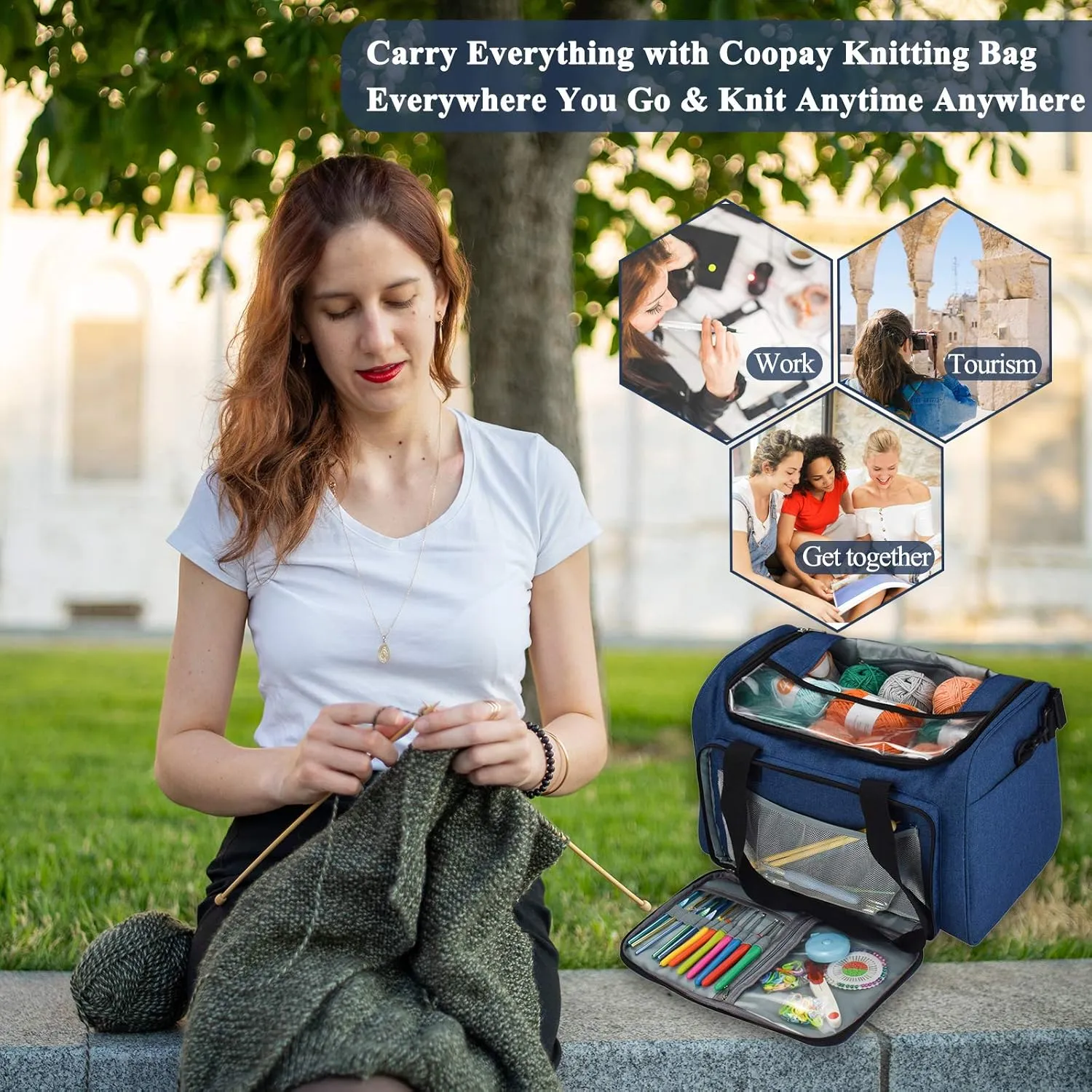 Coopay Large Knitting Bag Yarn Bag for Crochet, Yarn Tote Storage Organizer Portable Individual Compartments for Carrying Unfinished Project, Crochet Hooks Needles Accessories