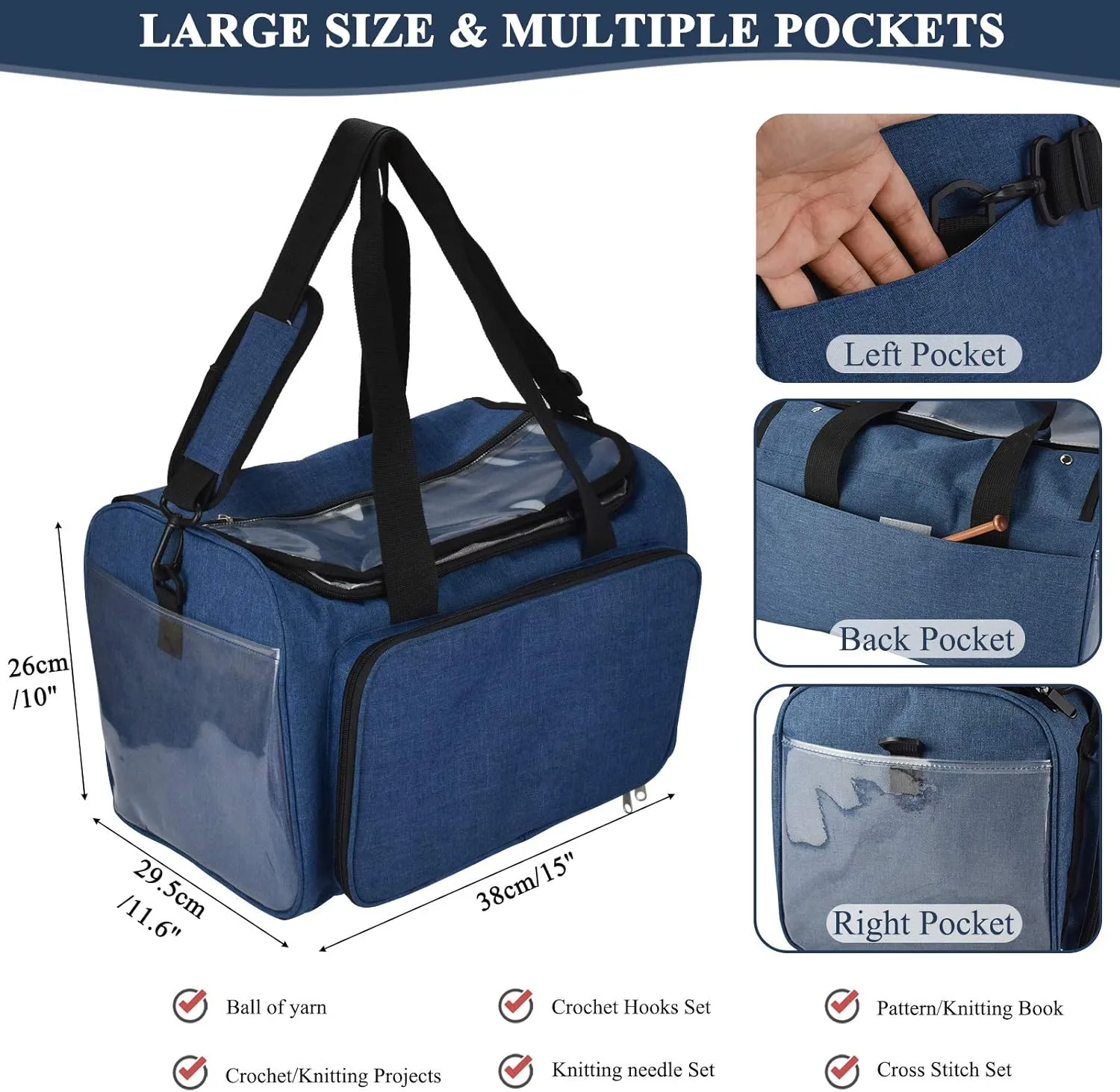 Coopay Large Knitting Bag Yarn Bag for Crochet, Yarn Tote Storage Organizer Portable Individual Compartments for Carrying Unfinished Project, Crochet Hooks Needles Accessories