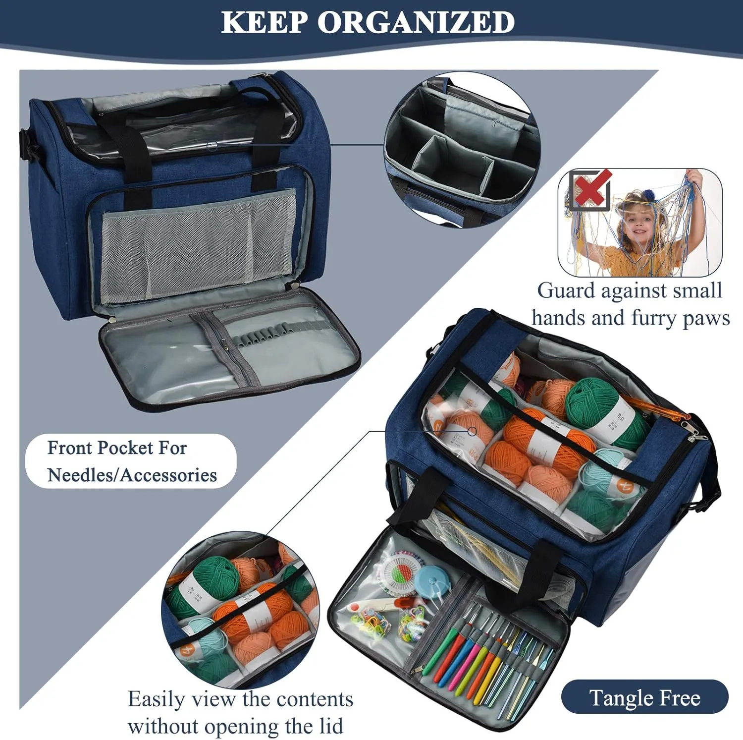 Coopay Large Knitting Bag Yarn Bag for Crochet, Yarn Tote Storage Organizer Portable Individual Compartments for Carrying Unfinished Project, Crochet Hooks Needles Accessories