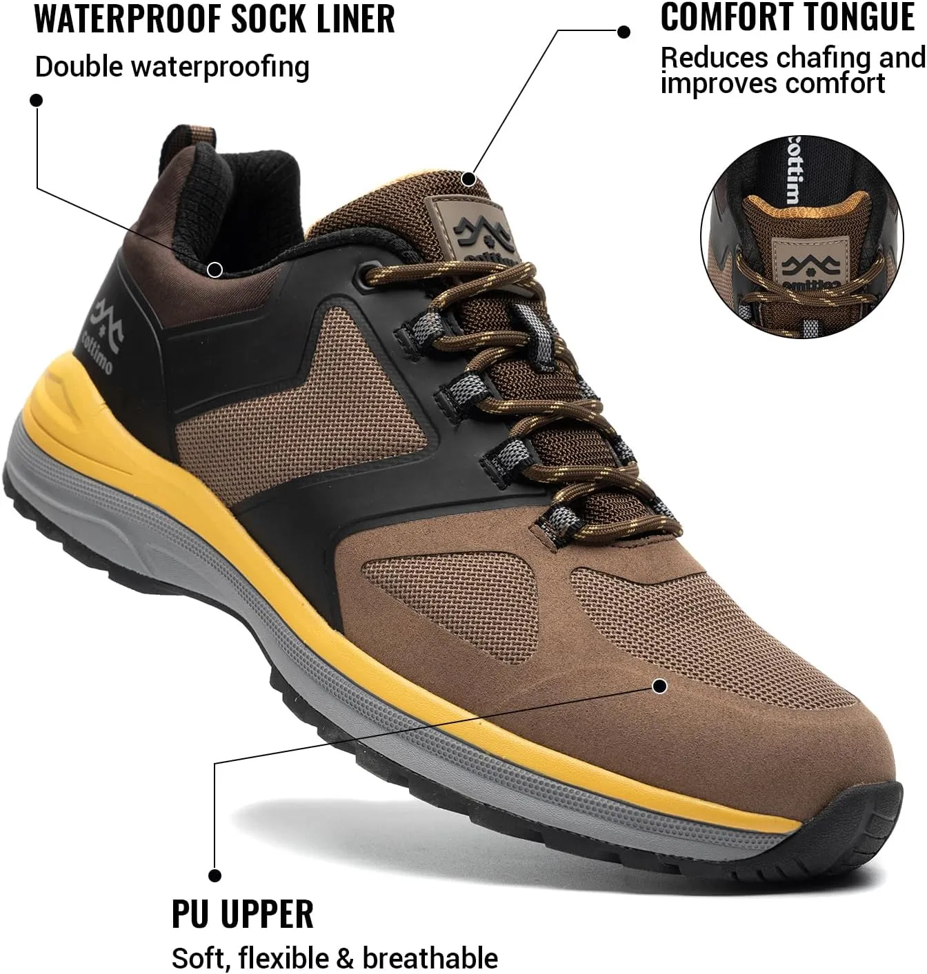 COTTIMO Waterproof Hiking Shoes Men, Lightweight Breathable Trekking Trails Shoes Outdoor Shoes
