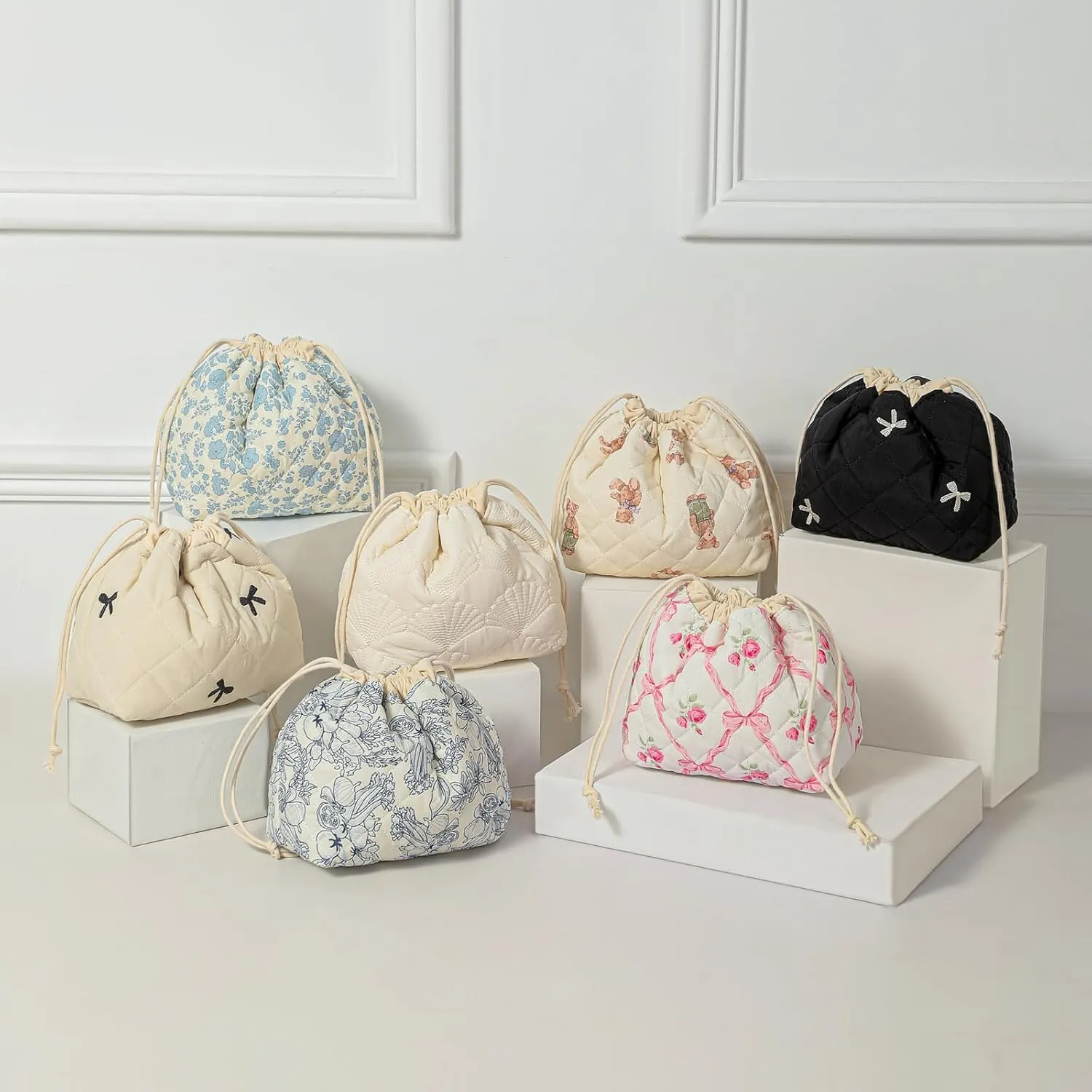 Cotton Quilted Drawstring Makeup Bag with Canvas Lining,Coquette Aesthetic Cute Travel Toiletry Bag,Drawstring Gift Bag for Women and Girls（05Beige Bows）