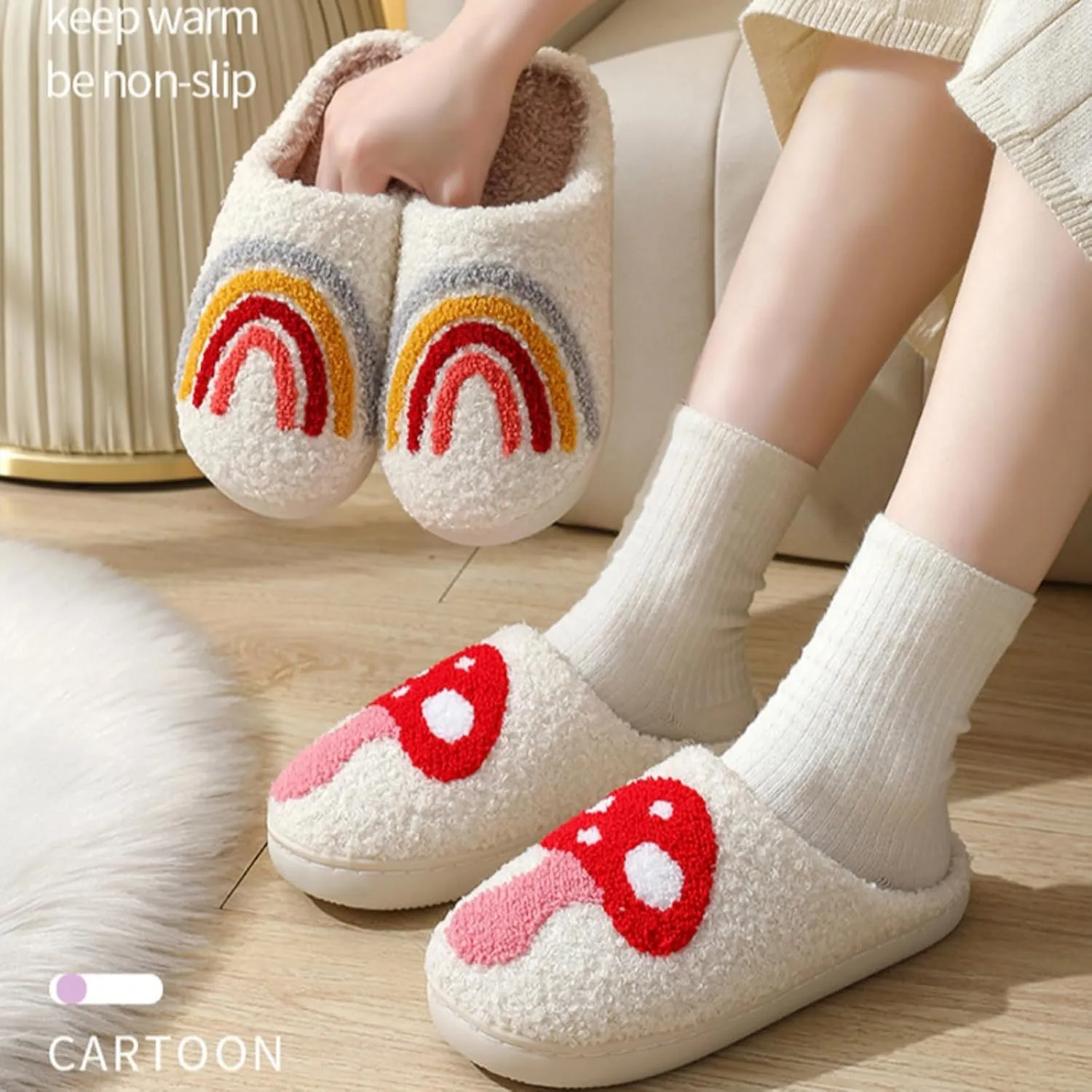Cotton Slippers Cute Pattern Winter White Indoor Home Fuzzy Thick Comfy Soft Warm Anti-slip Wear-resistant Couple Gift