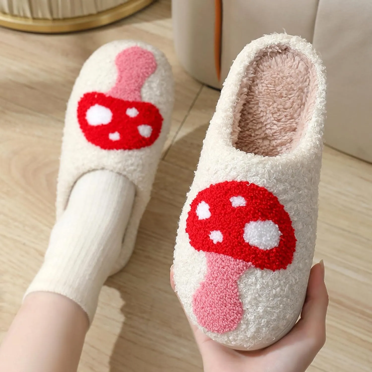 Cotton Slippers Cute Pattern Winter White Indoor Home Fuzzy Thick Comfy Soft Warm Anti-slip Wear-resistant Couple Gift