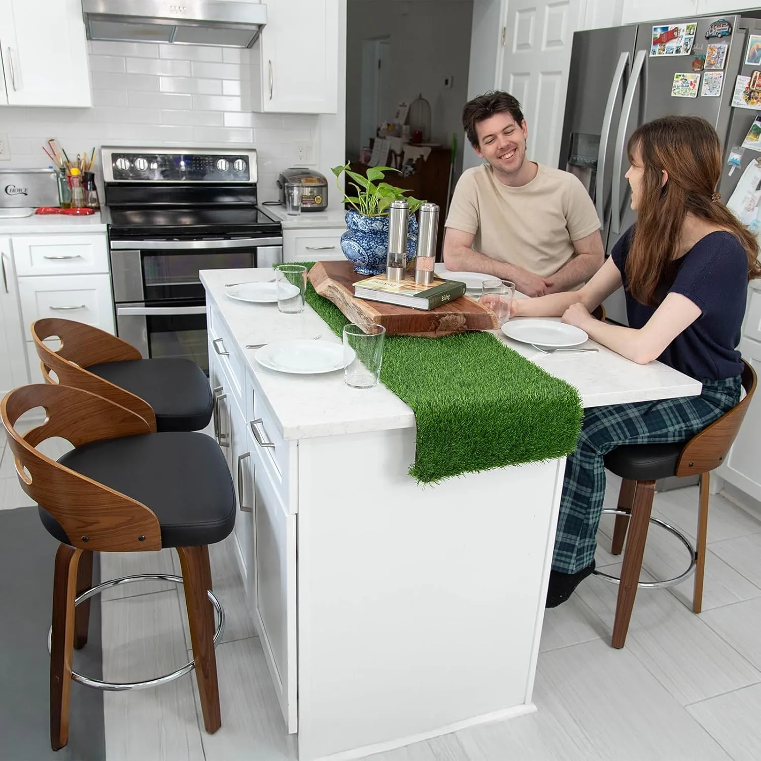 Counter Stools Set of 2, Counter Height Bar Stools with Walnut Crafts, Bentwood Curved Back, Upholstered Faux Leather, Soft Cushion Seat, Swivel Counter Chairs for Island/Pub (Green, 26" Seat Height)