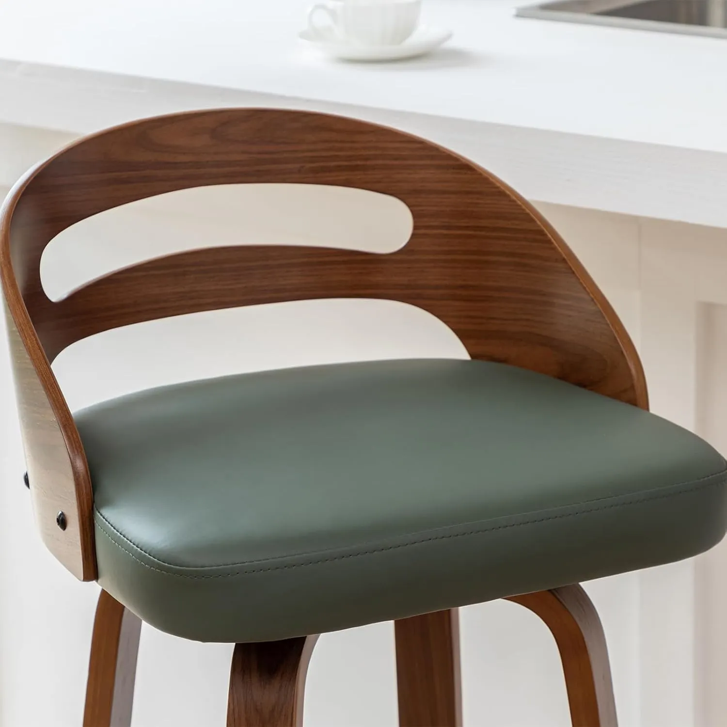 Counter Stools Set of 2, Counter Height Bar Stools with Walnut Crafts, Bentwood Curved Back, Upholstered Faux Leather, Soft Cushion Seat, Swivel Counter Chairs for Island/Pub (Green, 26" Seat Height)