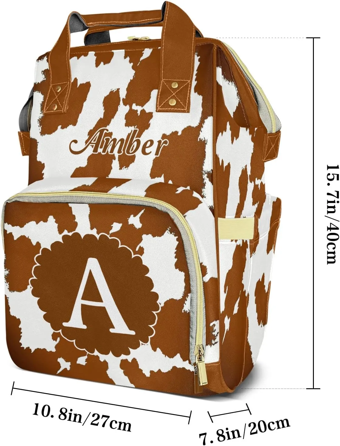 Cow Pattern Brown Diaper Bags with Name Personalized Baby Bag Travel Tote Bag Waterproof Backpack for Mom Gift
