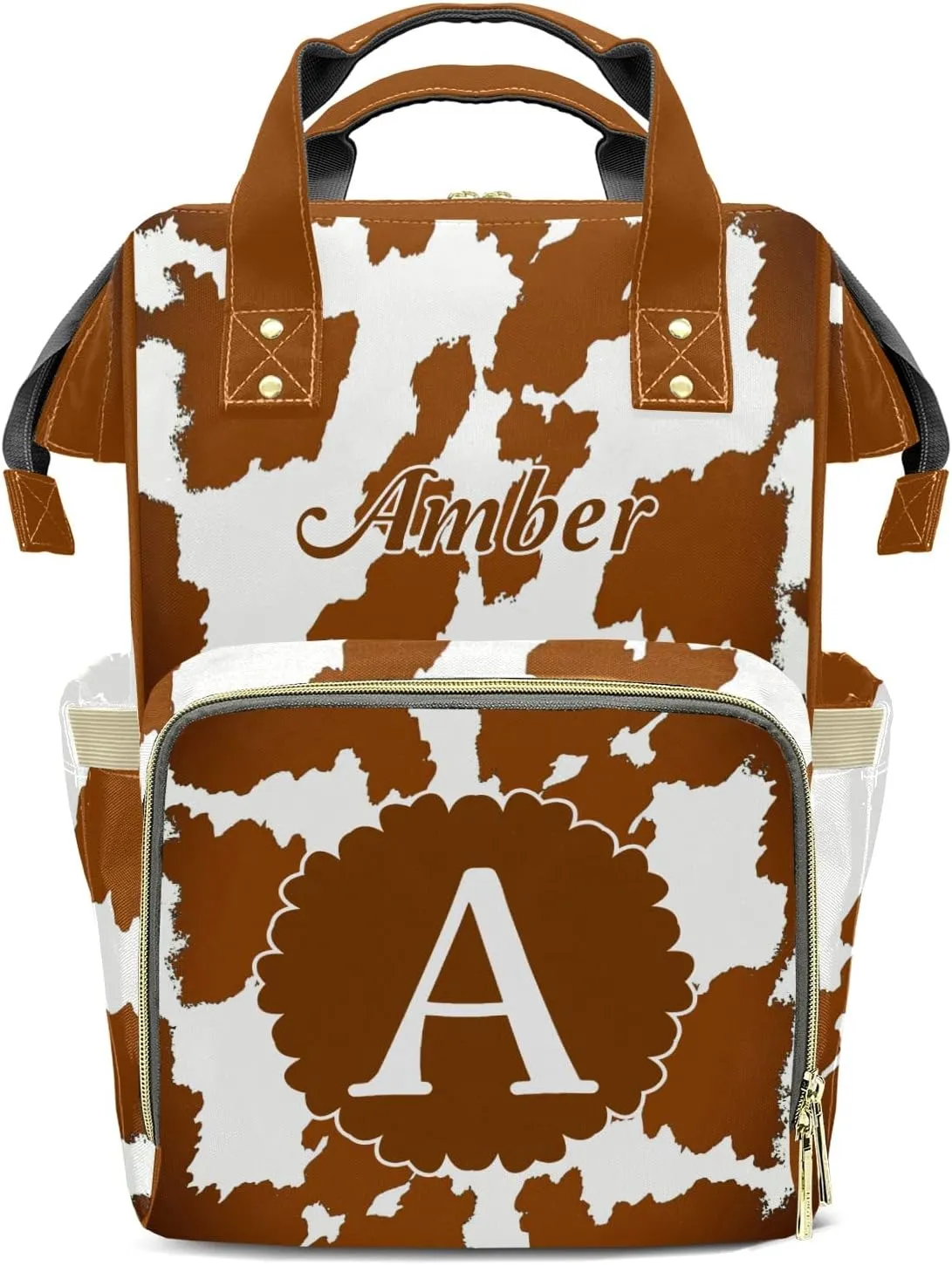 Cow Pattern Brown Diaper Bags with Name Personalized Baby Bag Travel Tote Bag Waterproof Backpack for Mom Gift