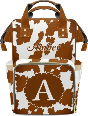 Cow Pattern Brown Diaper Bags with Name Personalized Baby Bag Travel Tote Bag Waterproof Backpack for Mom Gift