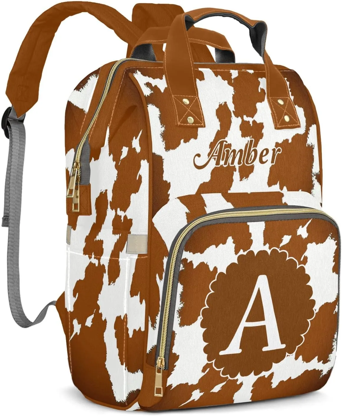 Cow Pattern Brown Diaper Bags with Name Personalized Baby Bag Travel Tote Bag Waterproof Backpack for Mom Gift