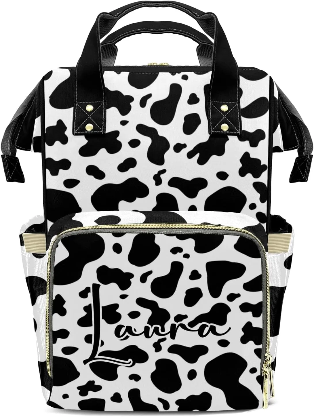 Cow Print Skin Diaper Bags with Name Personalized Baby Bag Travel Tote Bag Waterproof Backpack for Mom Gift