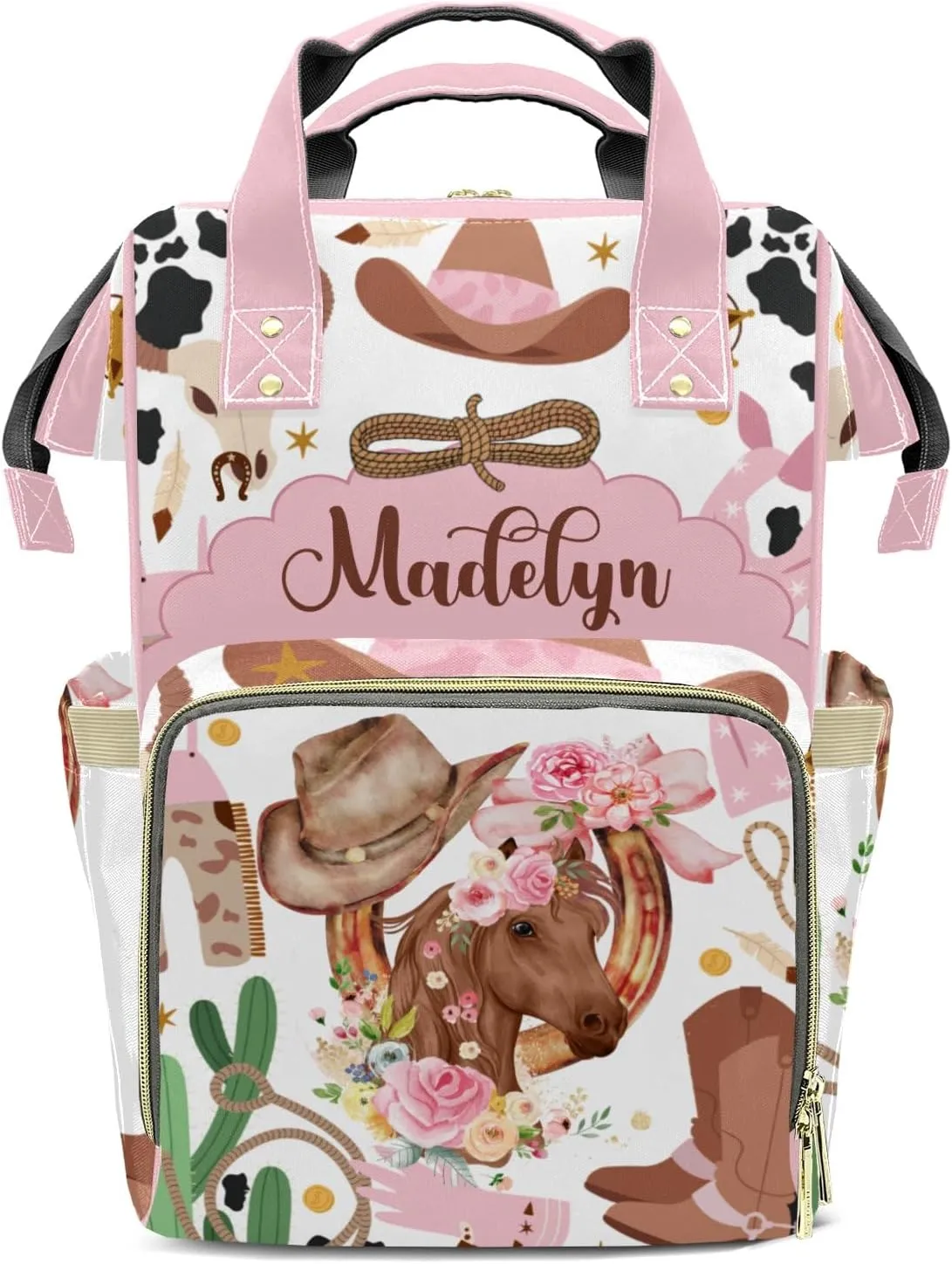Cowgirl Horse Floral Western Rodeo Personalized Large Capacity Diaper Bags,Custom Name Backpack Casual Daypack Bag Nappy Bag Gifts