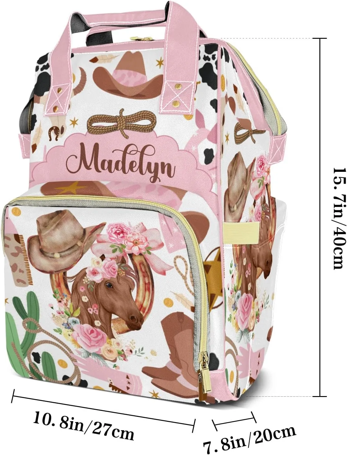 Cowgirl Horse Floral Western Rodeo Personalized Large Capacity Diaper Bags,Custom Name Backpack Casual Daypack Bag Nappy Bag Gifts