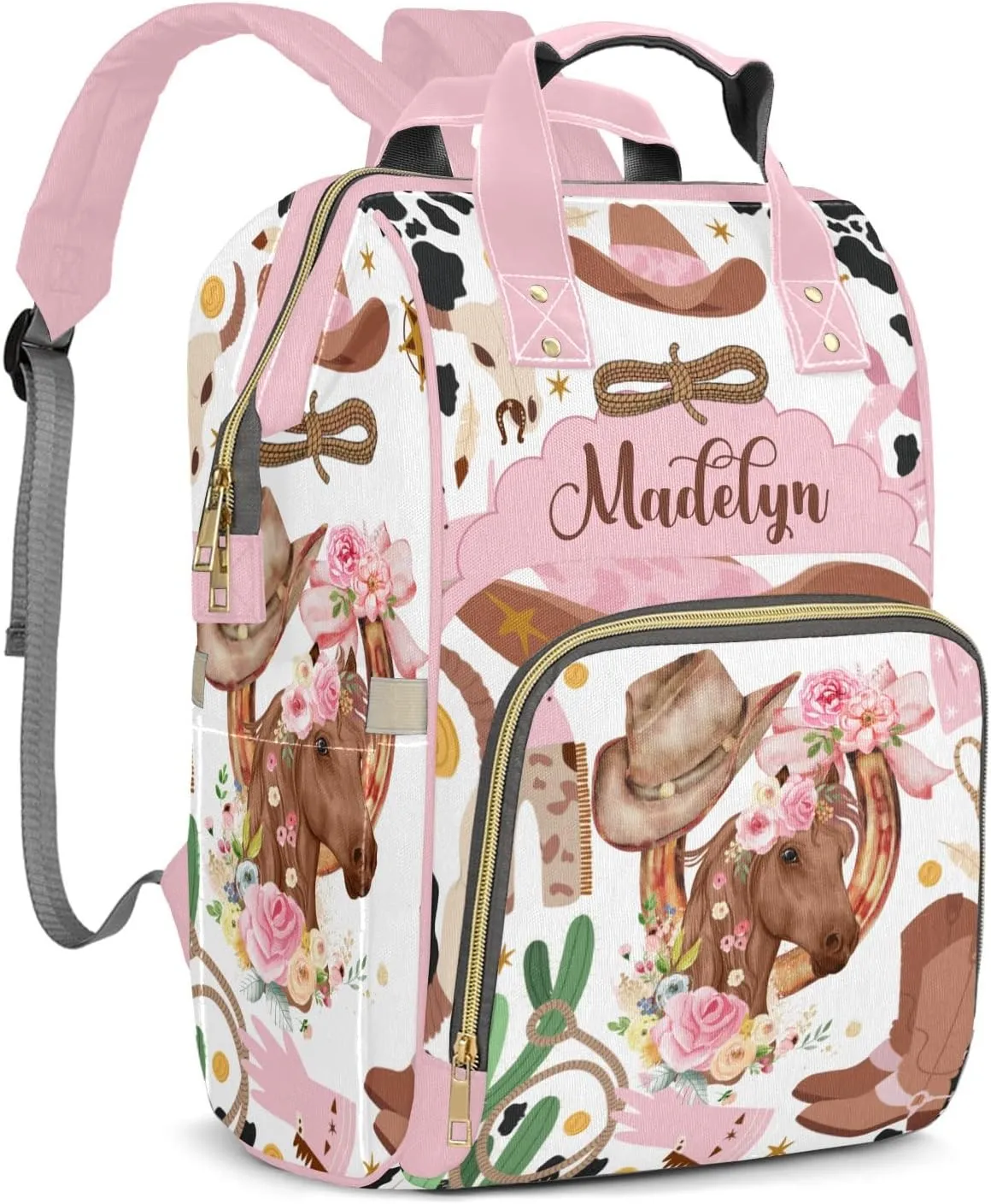 Cowgirl Horse Floral Western Rodeo Personalized Large Capacity Diaper Bags,Custom Name Backpack Casual Daypack Bag Nappy Bag Gifts