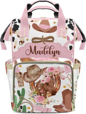 Cowgirl Horse Floral Western Rodeo Personalized Large Capacity Diaper Bags,Custom Name Backpack Casual Daypack Bag Nappy Bag Gifts