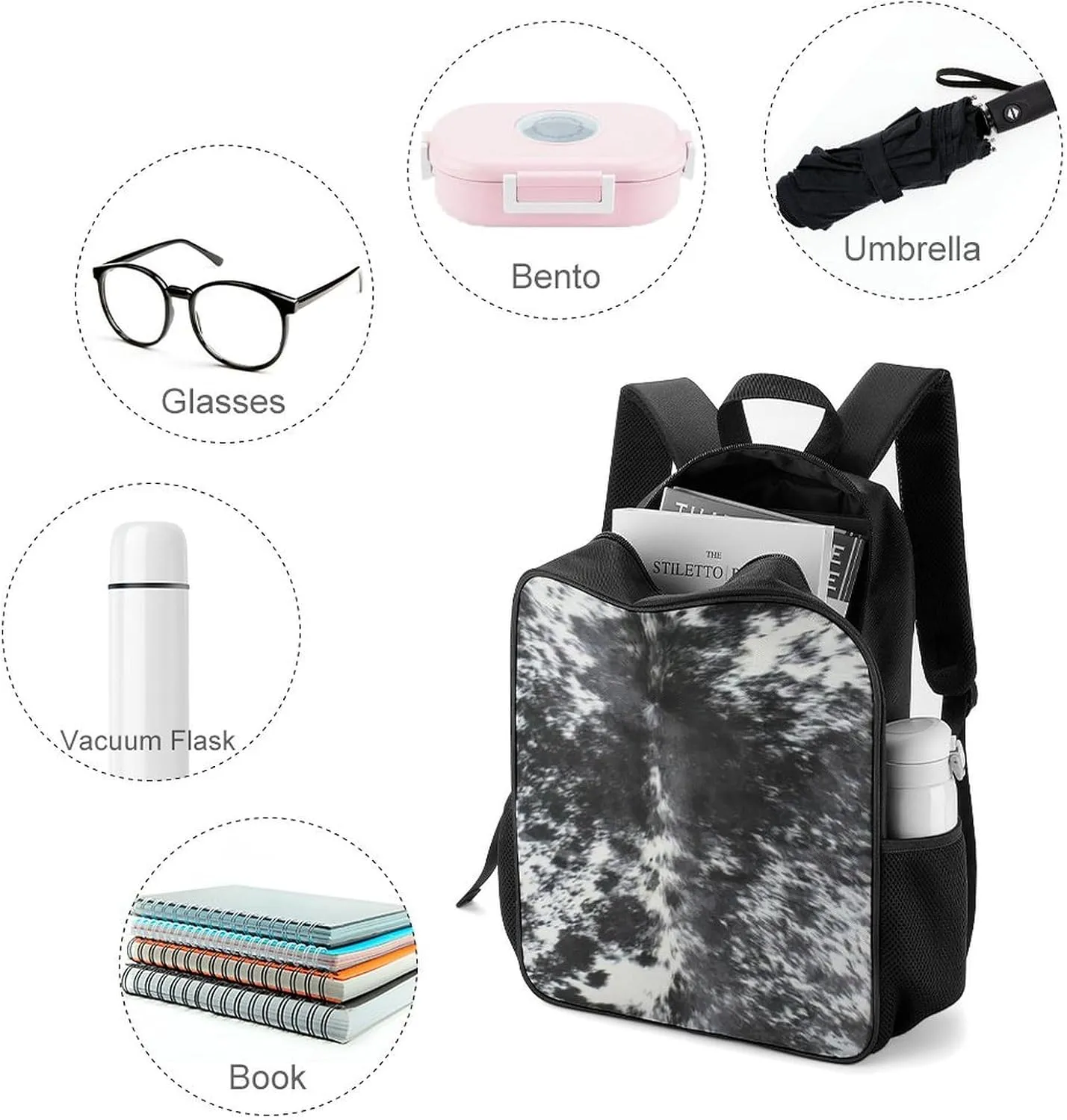 Cowhide Black And White Large Capacity Fully Printed Portable Backpack Unisex