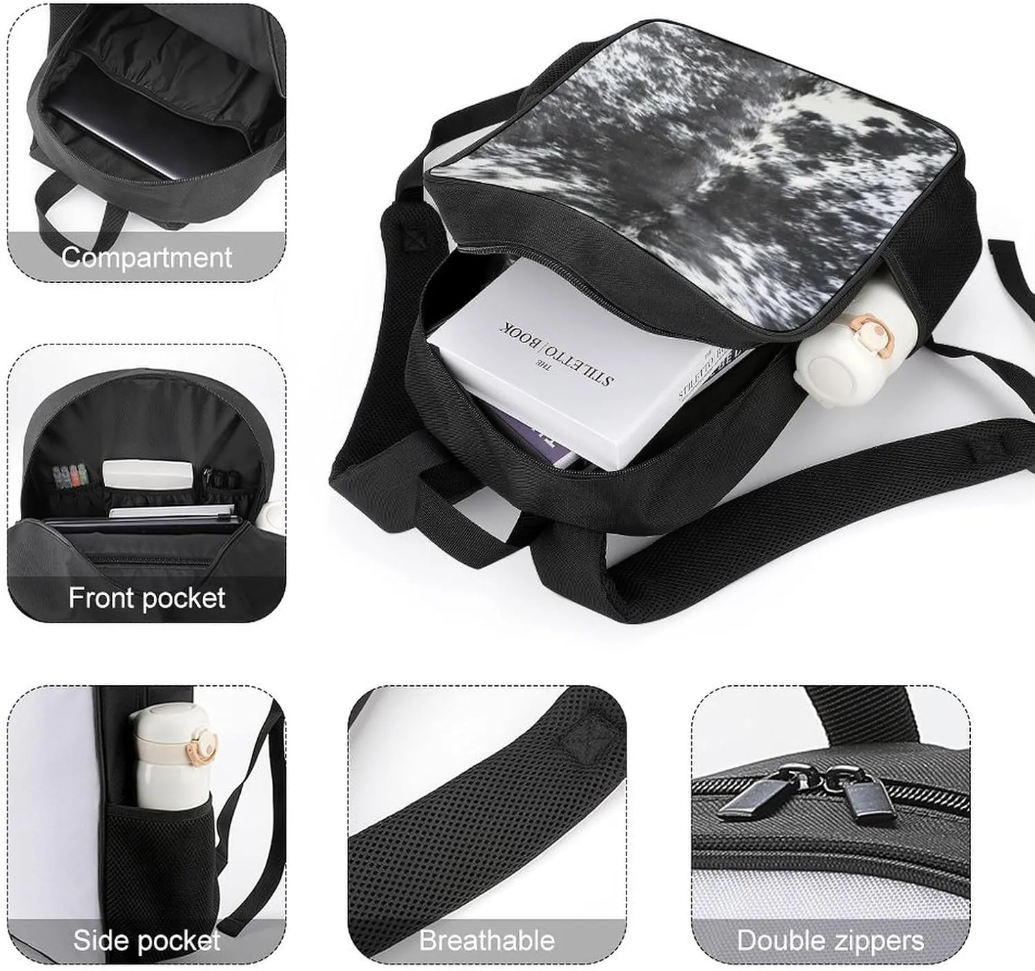 Cowhide Black And White Large Capacity Fully Printed Portable Backpack Unisex