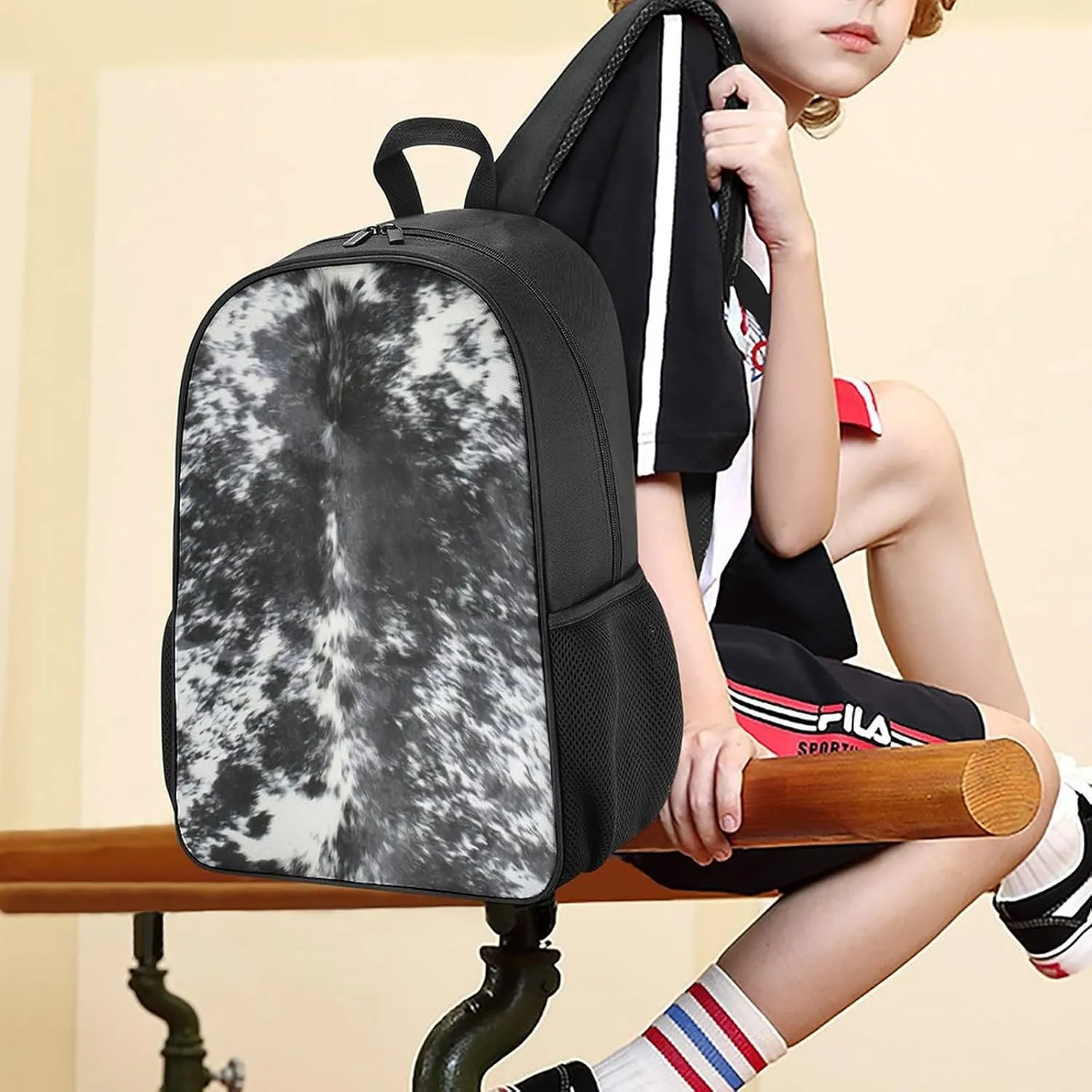 Cowhide Black And White Large Capacity Fully Printed Portable Backpack Unisex