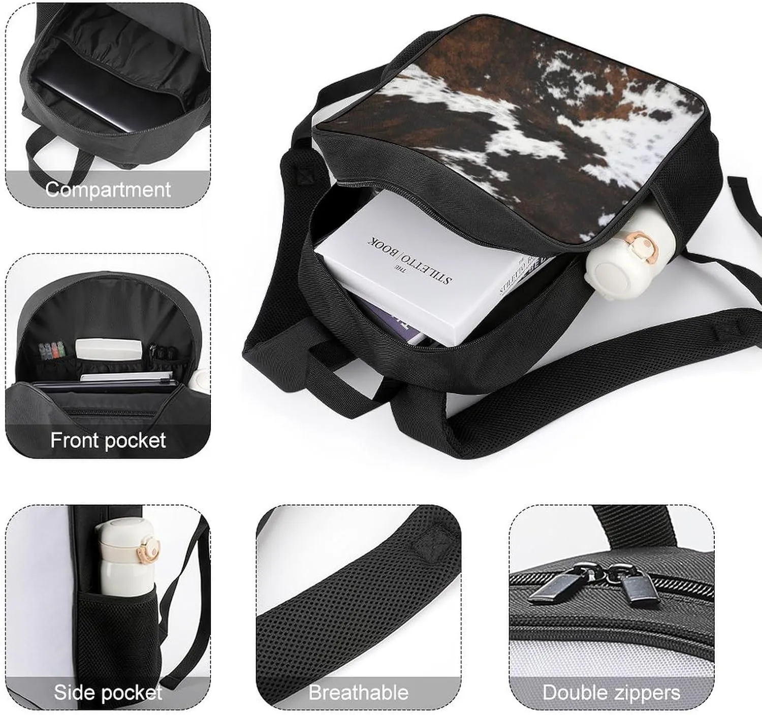 Cowhide Cow SkinPrint Pattern Large Capacity Fully Printed Portable Backpack Unisex