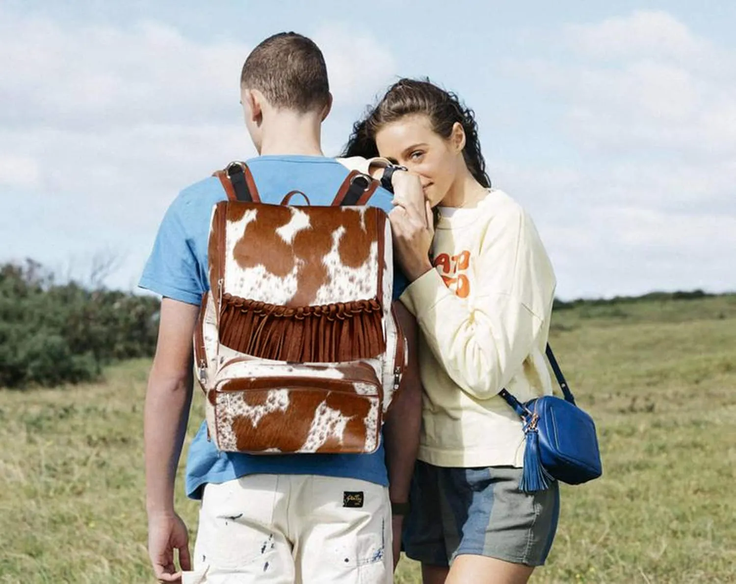 Cowhide Print Hair Diaper Bag Fringe Leather Backpack Rucksack/Knapsack Shoulder Travel Bag Brown & White