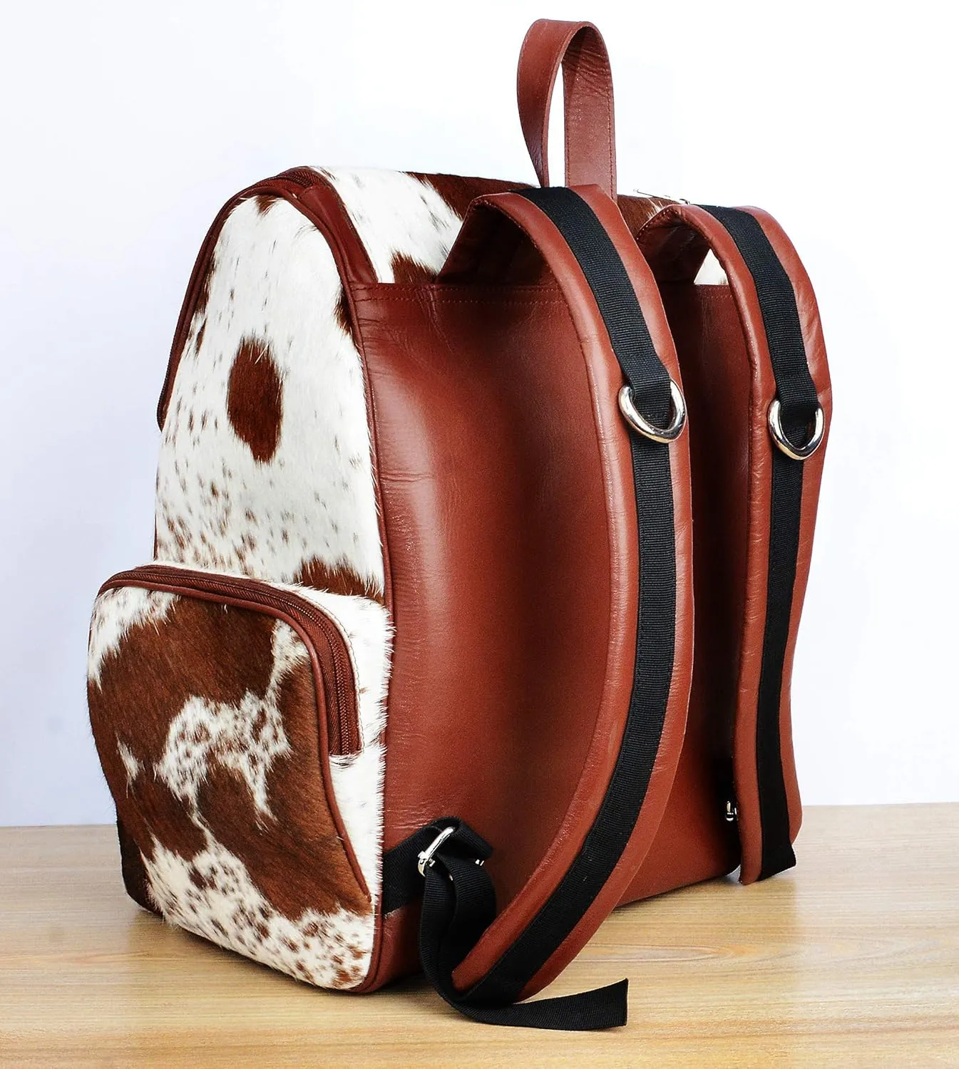 Cowhide Print Hair Diaper Bag Fringe Leather Backpack Rucksack/Knapsack Shoulder Travel Bag Brown & White