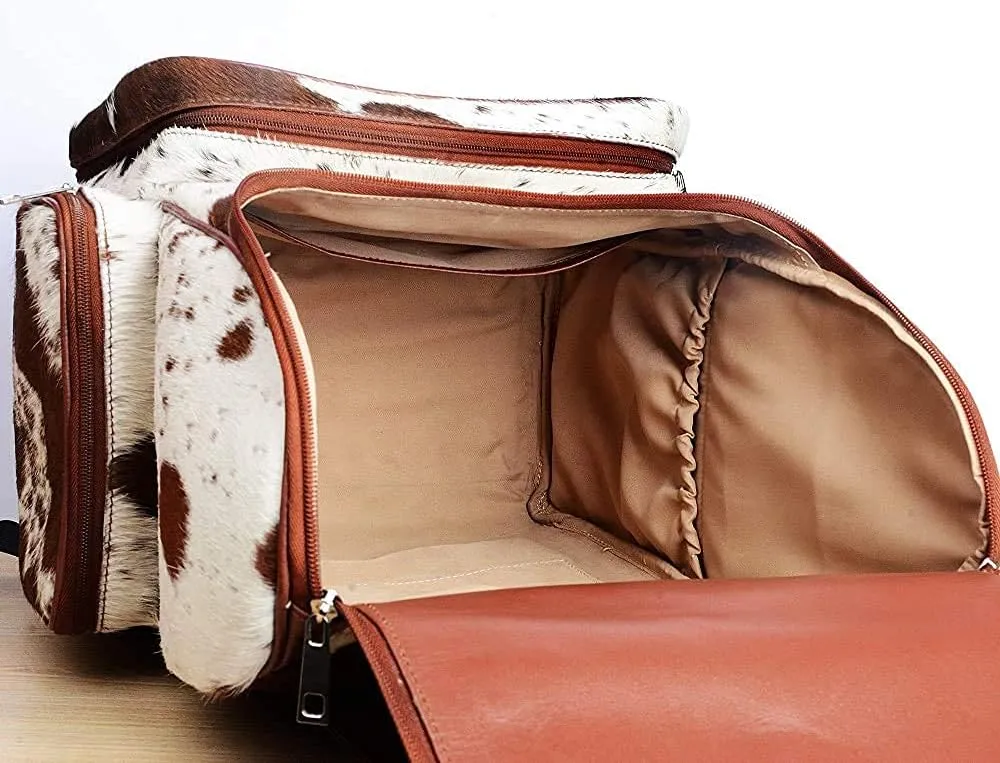 Cowhide Print Hair Diaper Bag Fringe Leather Backpack Rucksack/Knapsack Shoulder Travel Bag Brown & White