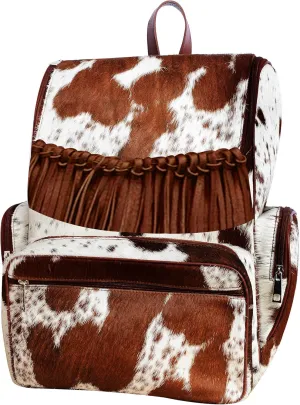 Cowhide Print Hair Diaper Bag Fringe Leather Backpack Rucksack/Knapsack Shoulder Travel Bag Brown & White