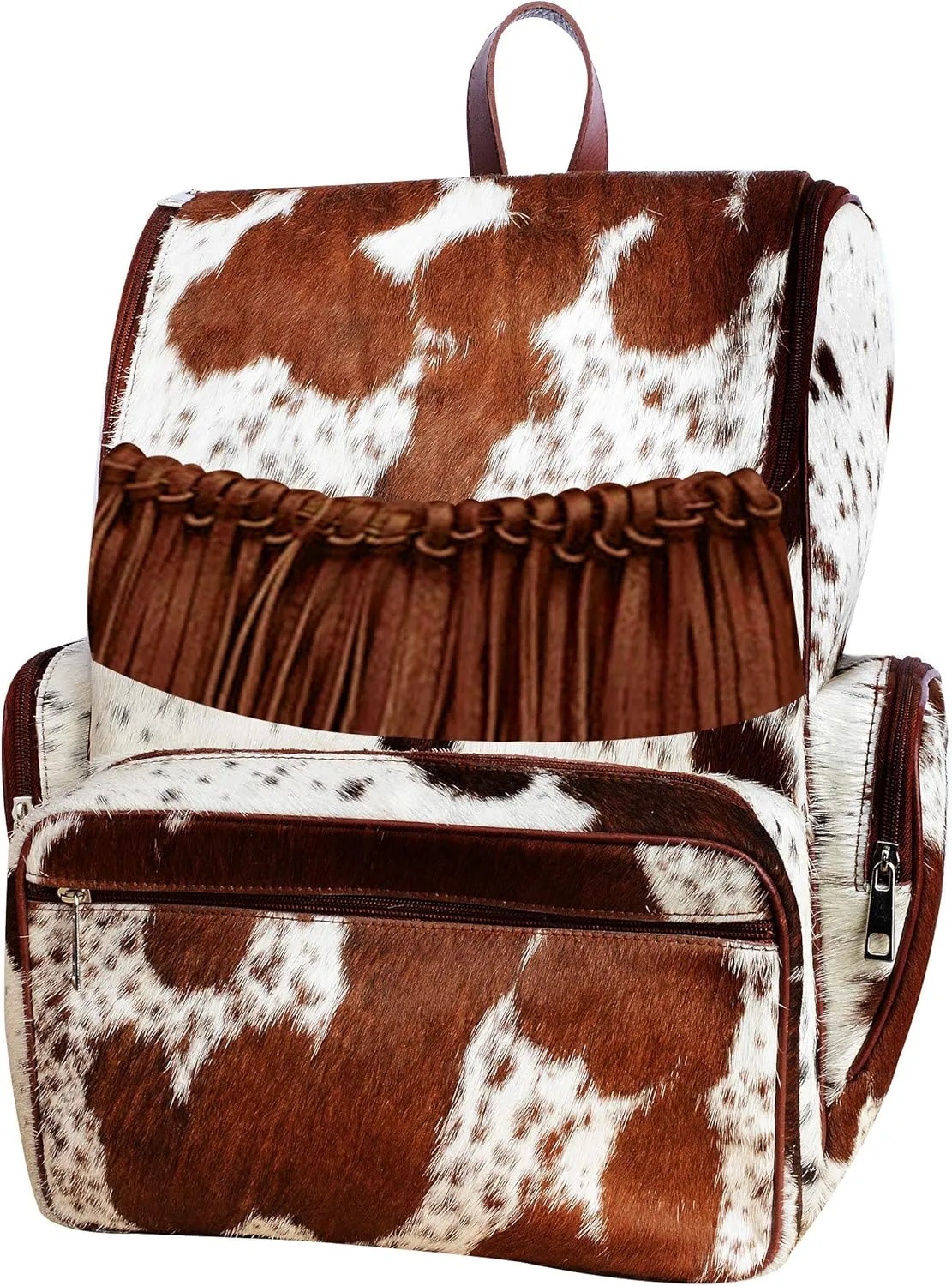 Cowhide Print Hair Diaper Bag Fringe Leather Backpack Rucksack/Knapsack Shoulder Travel Bag Brown & White