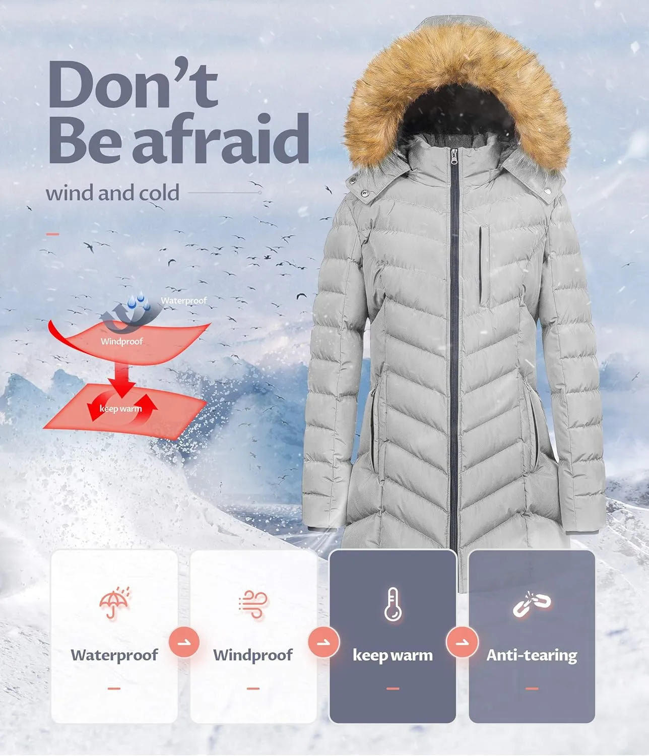 CREATMO US Women's Winter Hooded Coat Waterproof Warm Long Puffer Jacket Parka