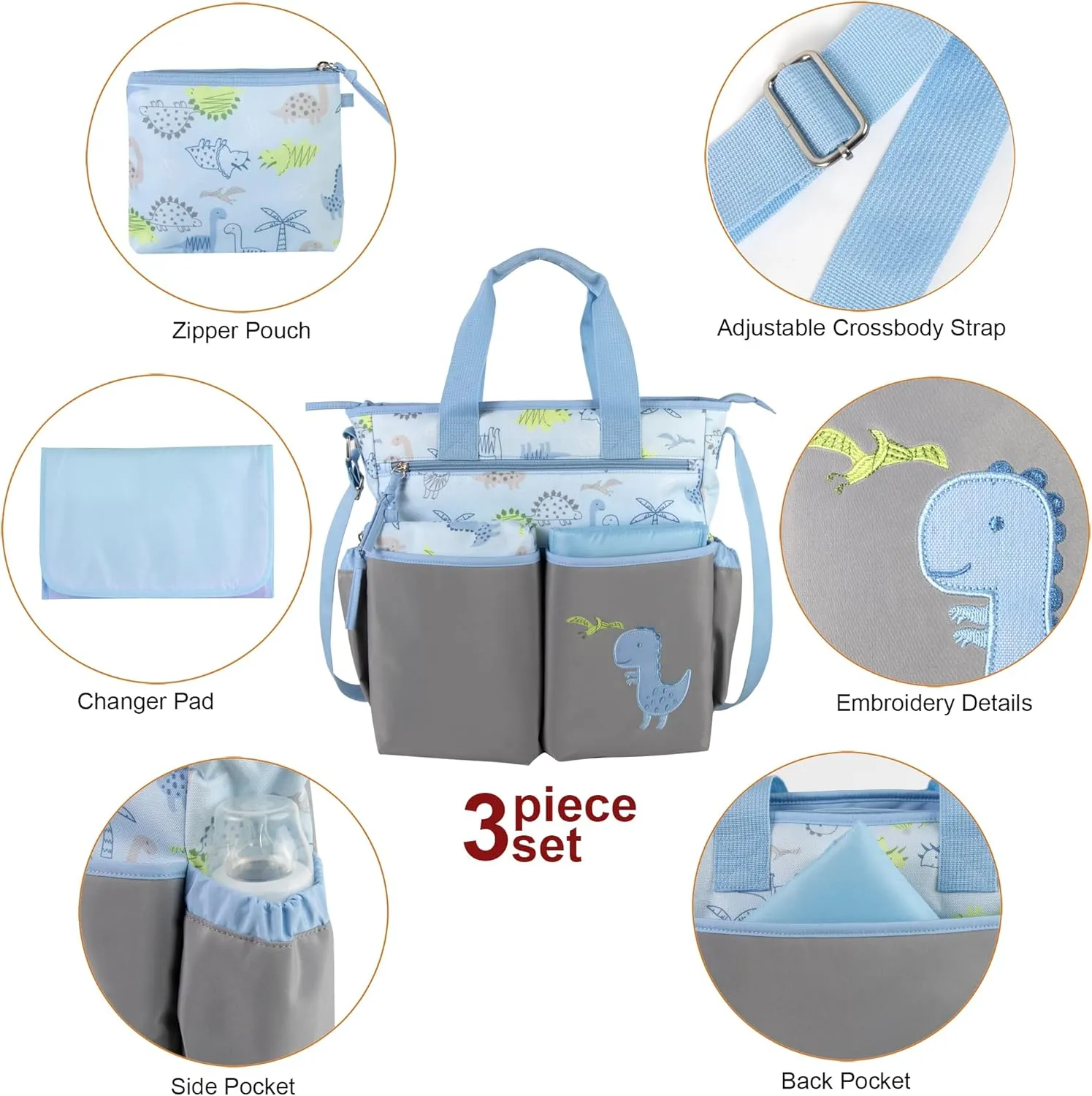 Crossbody Dinosaur Diaper Bag Tote with Changing Station for Baby Boy, 3 Piece Diaper Bag Set