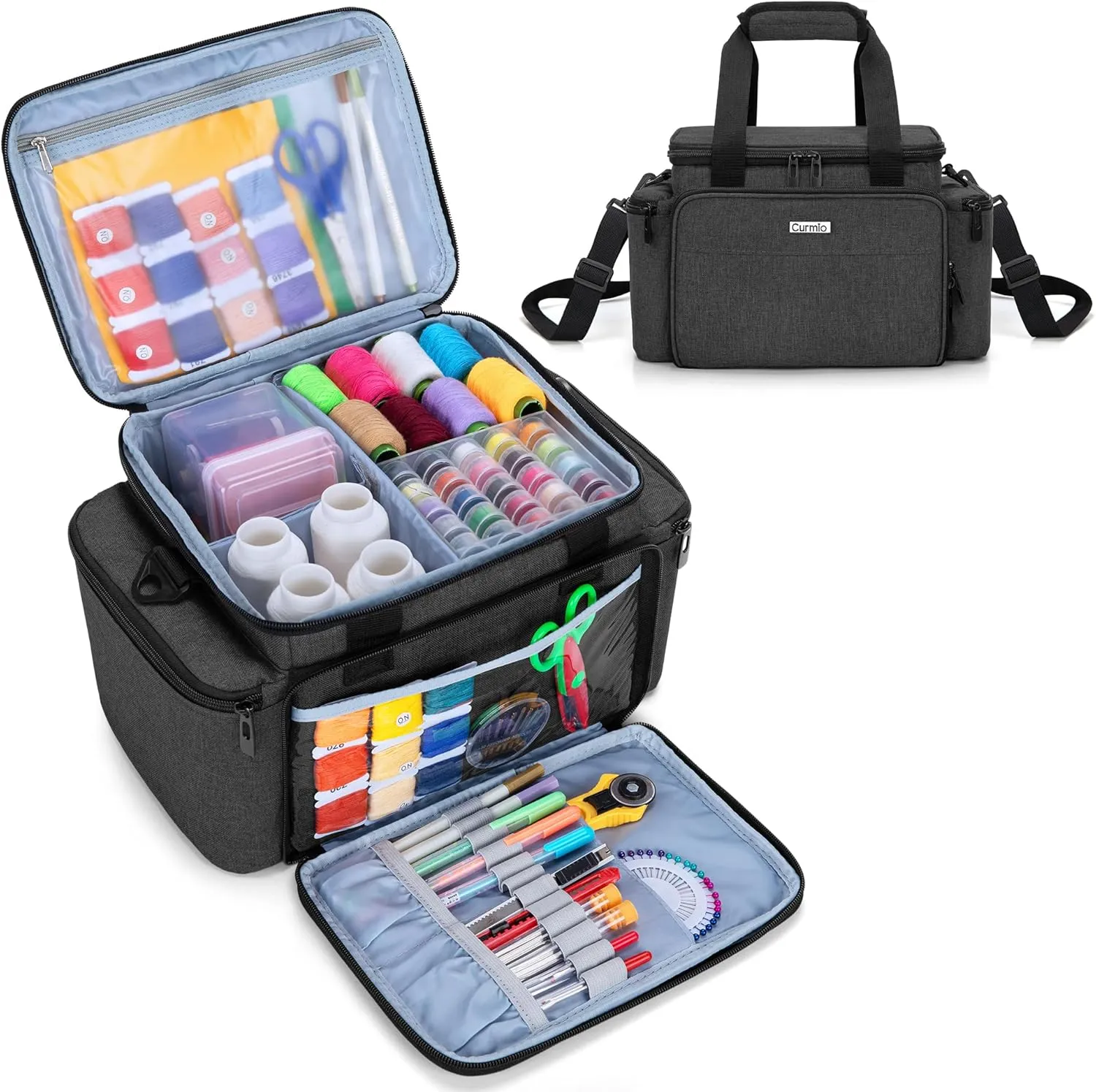 CURMIO Large Sewing Accessories Organizer, Supplies Storage Bag With Shoulder Strap for Spools, Thread, Scissors and Needles, Black (Bag Only)