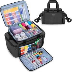 CURMIO Large Sewing Accessories Organizer, Supplies Storage Bag With Shoulder Strap for Spools, Thread, Scissors and Needles, Black (Bag Only)