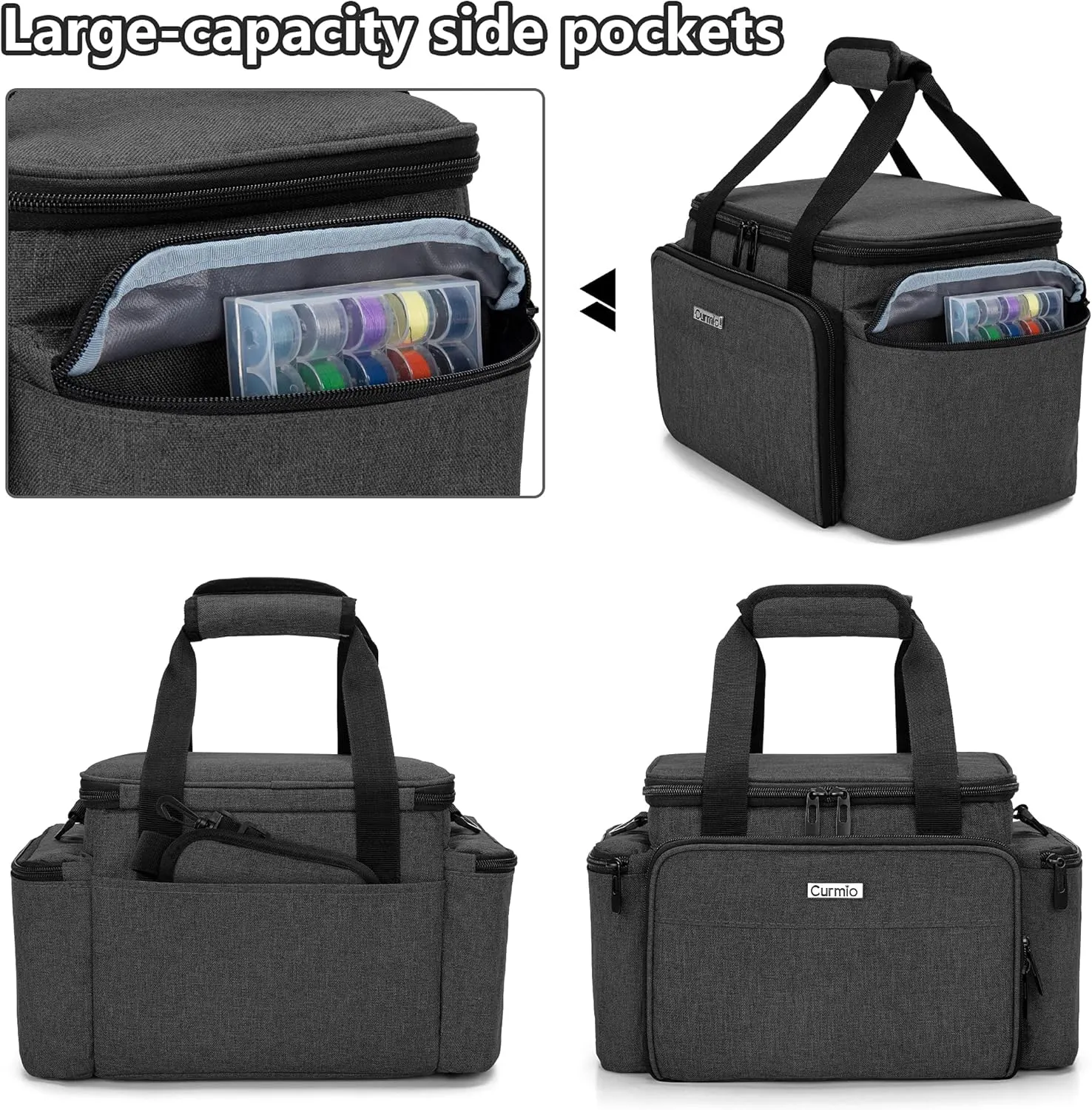 CURMIO Large Sewing Accessories Organizer, Supplies Storage Bag With Shoulder Strap for Spools, Thread, Scissors and Needles, Black (Bag Only)