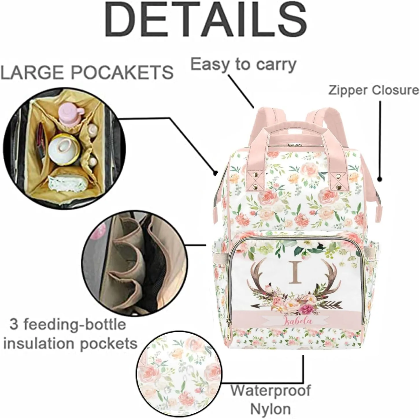 Custom Diaper Bag for baby Customized Antlers Deer Baby Bag Personalized Nursing Bags with Name Custom Name Mommy Daypack Bag Tote Bag Gifts for Travel Outside Daily Use