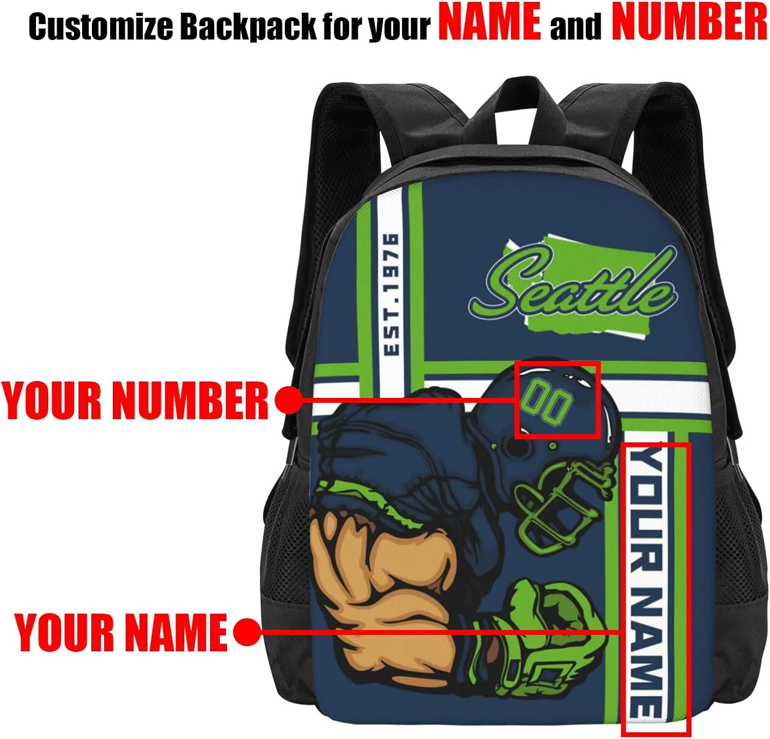 Custom Shoulder Seattle Backpack Personalized Any Name Number 17 Inch Large Capacity Laptop Bag Bookbag Gifts for Men Women