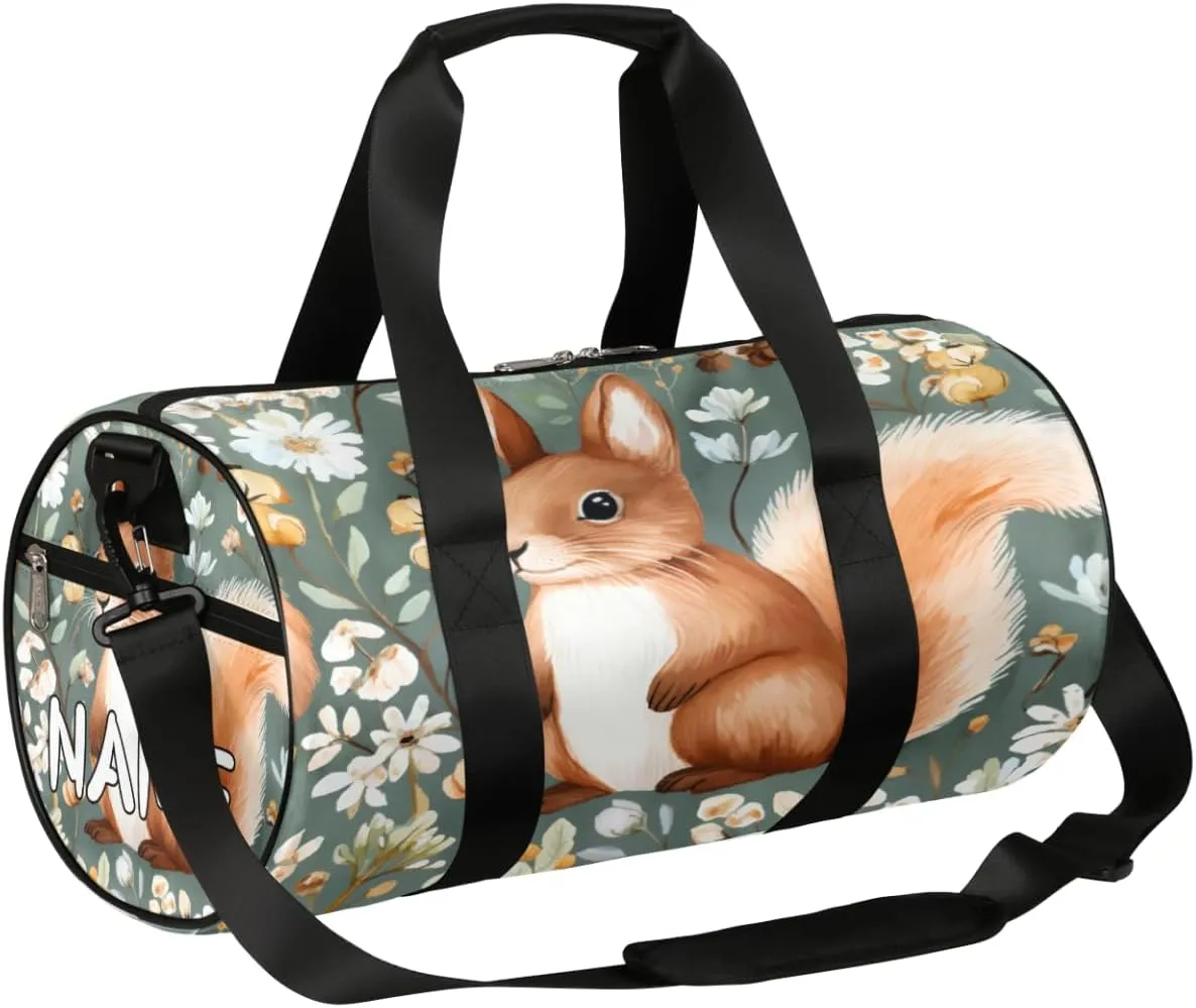 Customized Sports Gym Duffel Bag for Women & Men with Name,Cute Squirrel Flower Print Waterproof Personalized Tote Travel Beach Bag for Weekender Overnight Dance Carry-On Bag