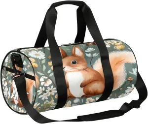 Customized Sports Gym Duffel Bag for Women & Men with Name,Cute Squirrel Flower Print Waterproof Personalized Tote Travel Beach Bag for Weekender Overnight Dance Carry-On Bag