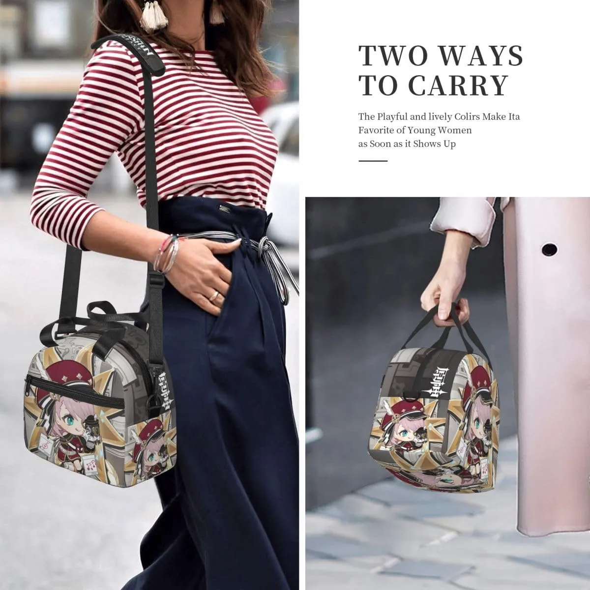 Cute Chibi Lunch Bag Reusable Portable Insulation Game Lunch box for Office Work Picnic Travel Charlotte Shoulder Bag, Size 1