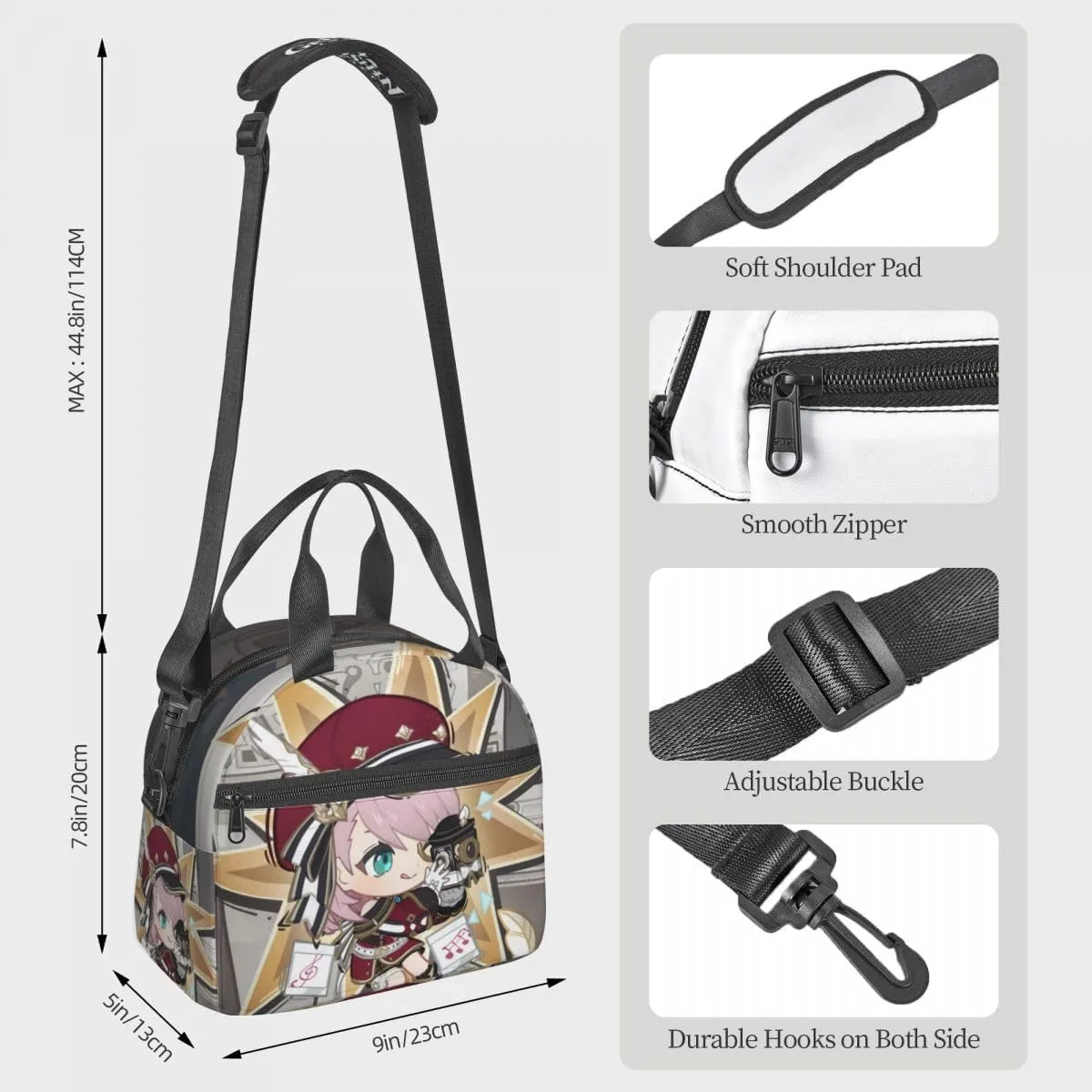 Cute Chibi Lunch Bag Reusable Portable Insulation Game Lunch box for Office Work Picnic Travel Charlotte Shoulder Bag, Size 1