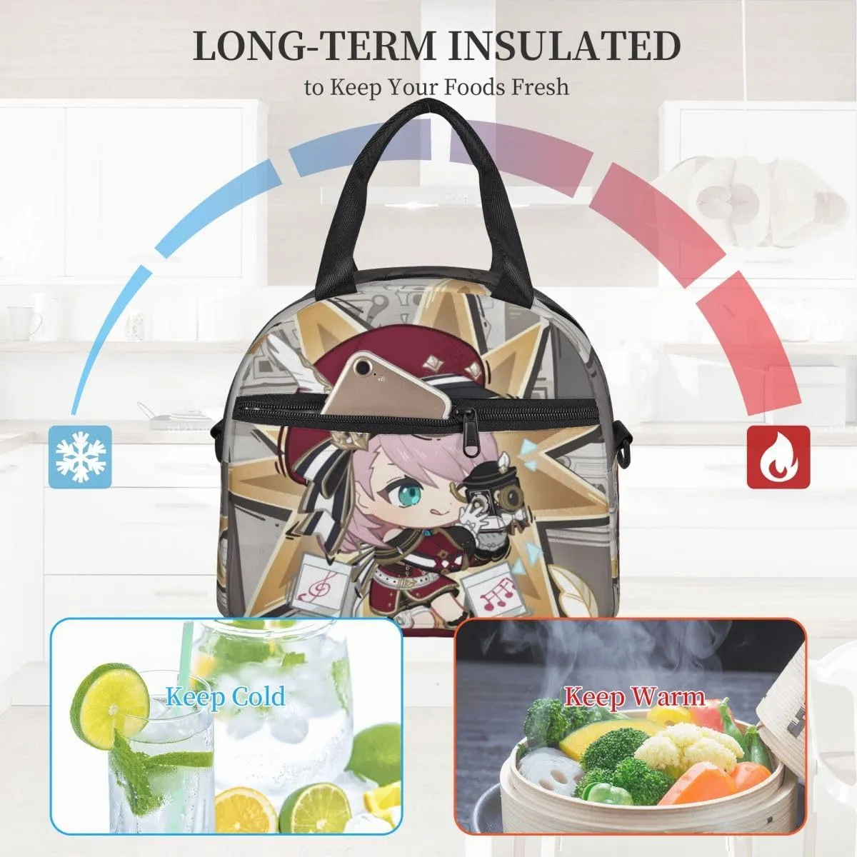Cute Chibi Lunch Bag Reusable Portable Insulation Game Lunch box for Office Work Picnic Travel Charlotte Shoulder Bag, Size 1