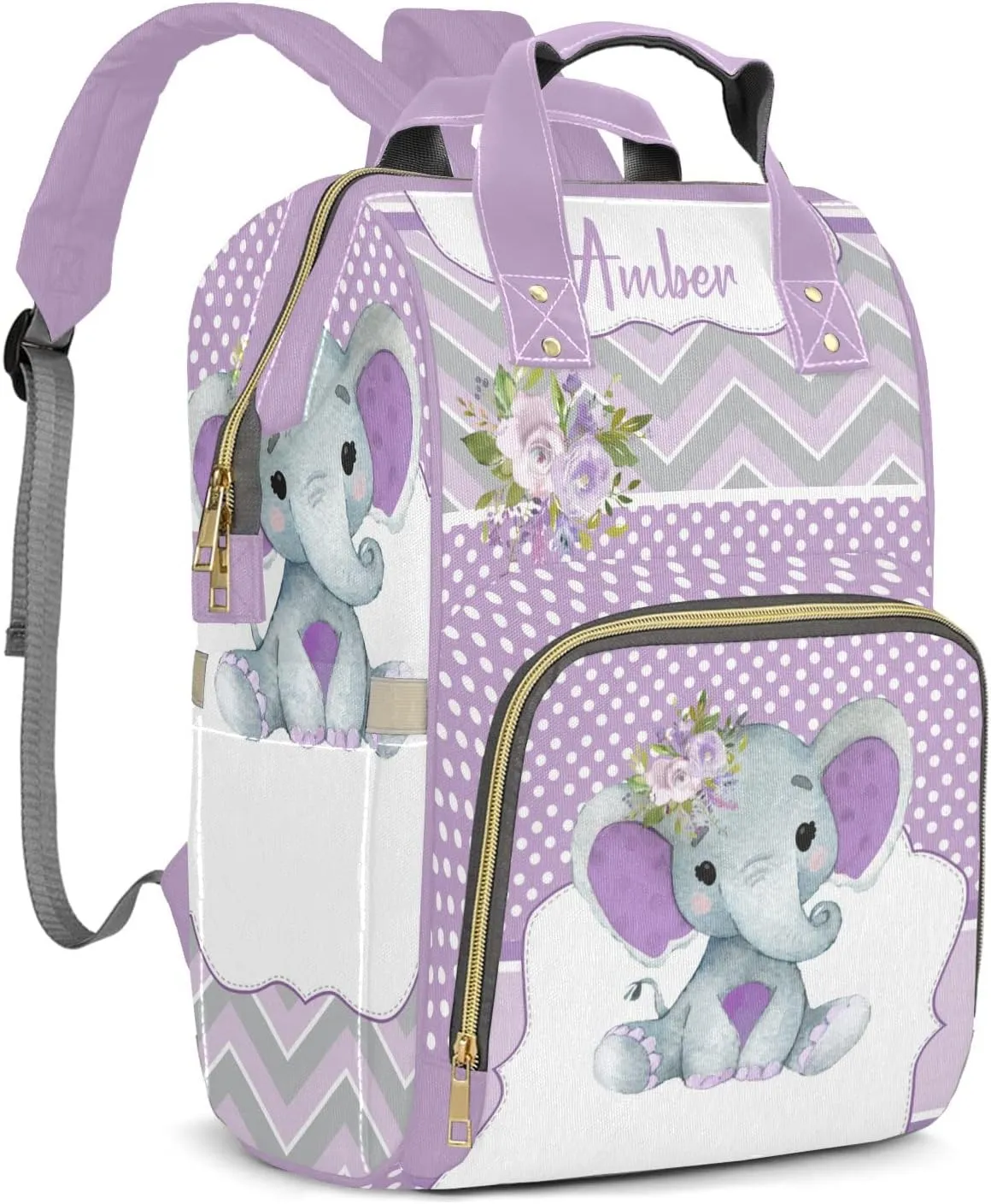 Cute Purple Elephant Diaper Bags Customized Mummy Nursing Casual Daypack Hiking Camping Baby Bags for Mom