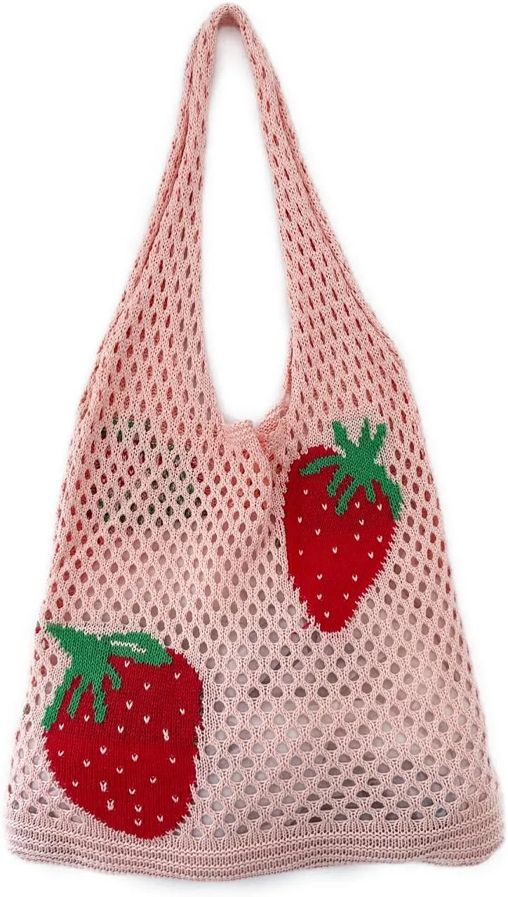 Cute Strawberry Pattern Tote Bag Crochet Tote Bag Shoulder Bag Handbags Knitting Bag Aesthetic Handmade Weaving