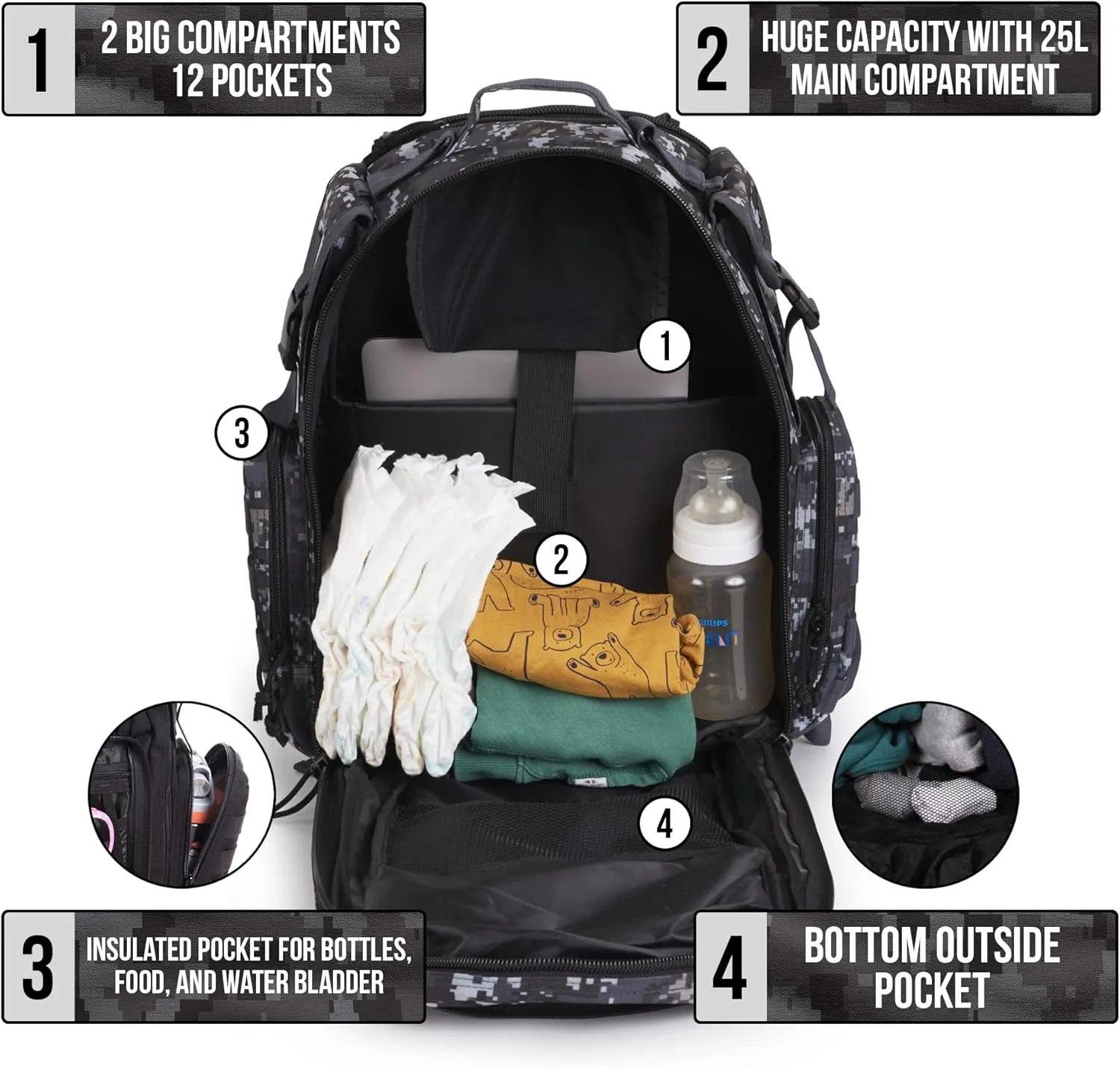 Dad Diaper Bag Backpack with Changing Pad. Waterproof Military Diaper Backpack for Men w/Insulated Compartment (Gray)