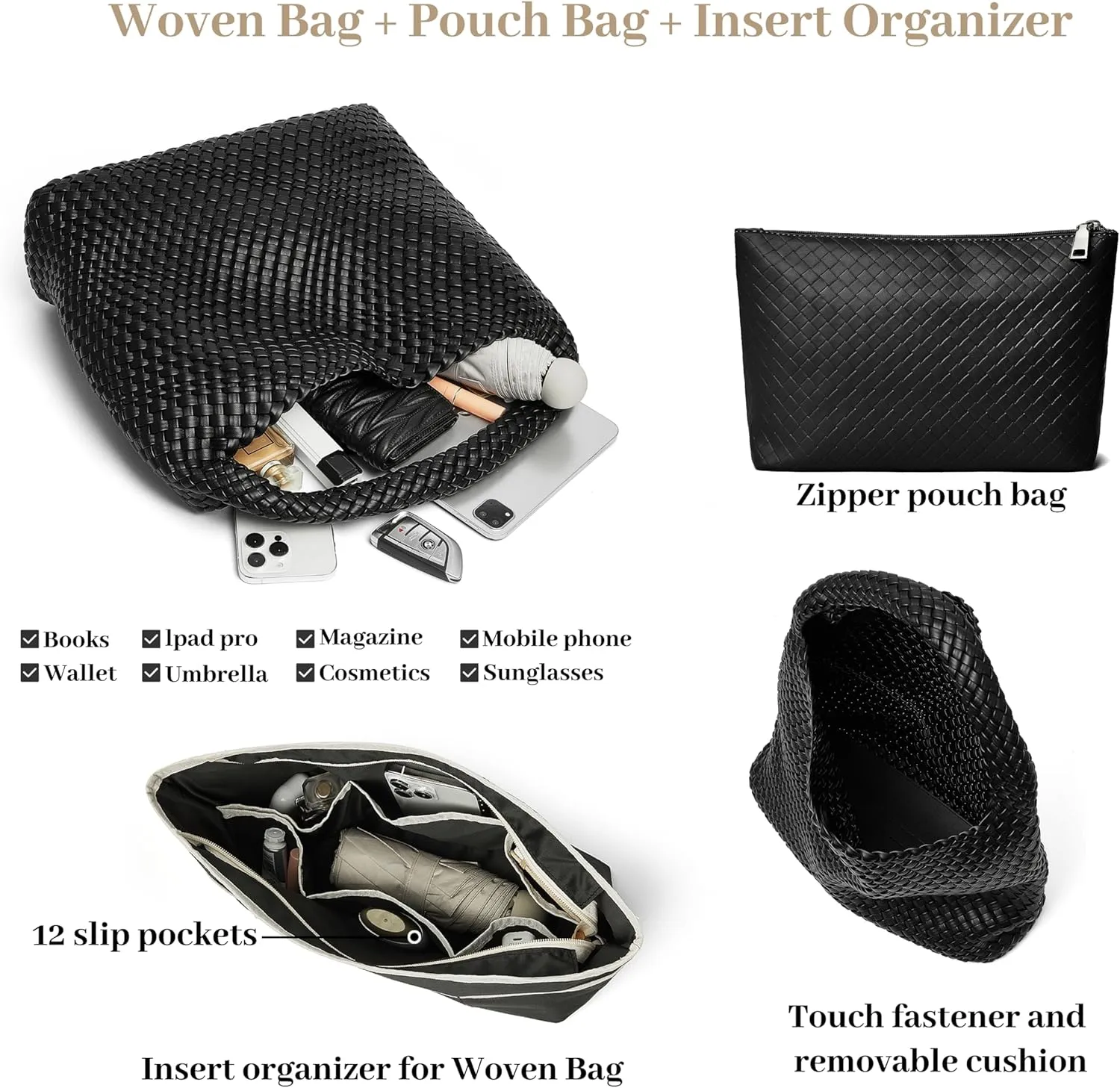 DAILANDO Fashion Woven Tote Bag For Women Soft Hobo Weave Shoulder Purse With Insert Organizer