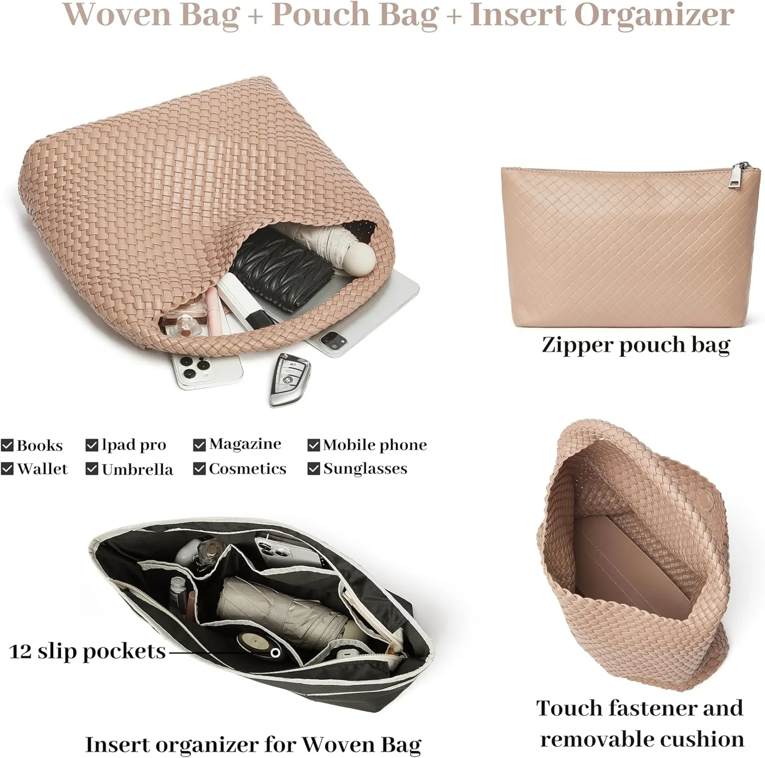 DAILANDO Fashion Woven Tote Bag For Women Soft Hobo Weave Shoulder Purse With Insert Organizer