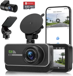 Dash Cam Front and Rear,4K 1080P WiFi Dual Dash Camera for Cars with App, 3" IPS Dashboard Camera Recorder,Night Vision,24H/7 Parking Mode, Loop Recording,170° Wide Angle,Free 64GB SD Card
