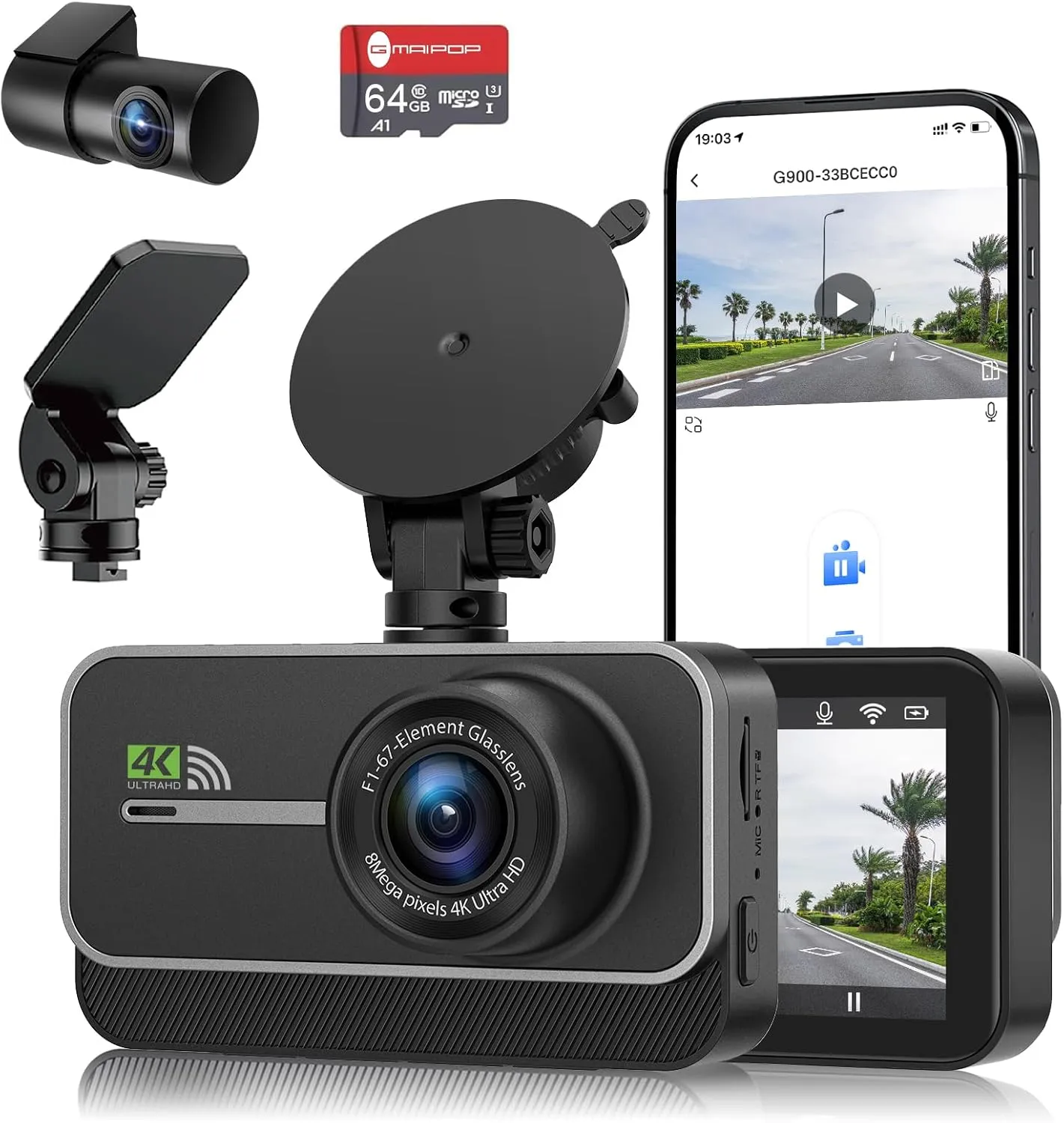 Dash Cam Front and Rear,4K 1080P WiFi Dual Dash Camera for Cars with App, 3" IPS Dashboard Camera Recorder,Night Vision,24H/7 Parking Mode, Loop Recording,170° Wide Angle,Free 64GB SD Card