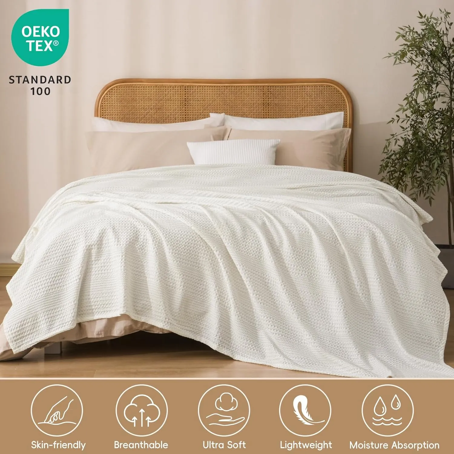 David's Home Cozy Waffle Weave Blanket Queen Size, Ultra Soft Breathable Lightweight Skin-Friendly Throw for Summer, Elegant Room Decor for Couch Bed Sofa Car Travel, White